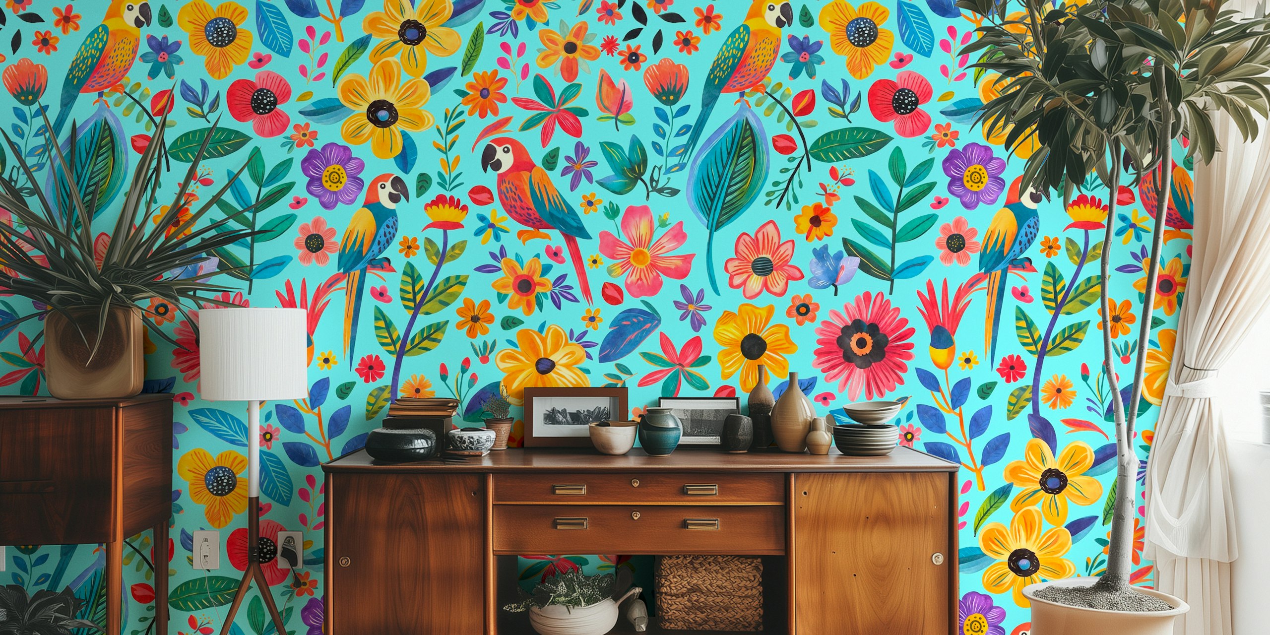 Whimsy tropical jungle behang in een kamer