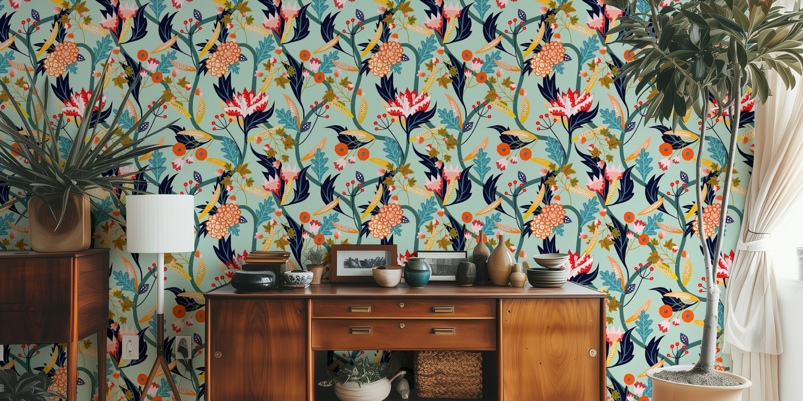 Floral stems and leaves in sage mint, pink, and navy wallpaper