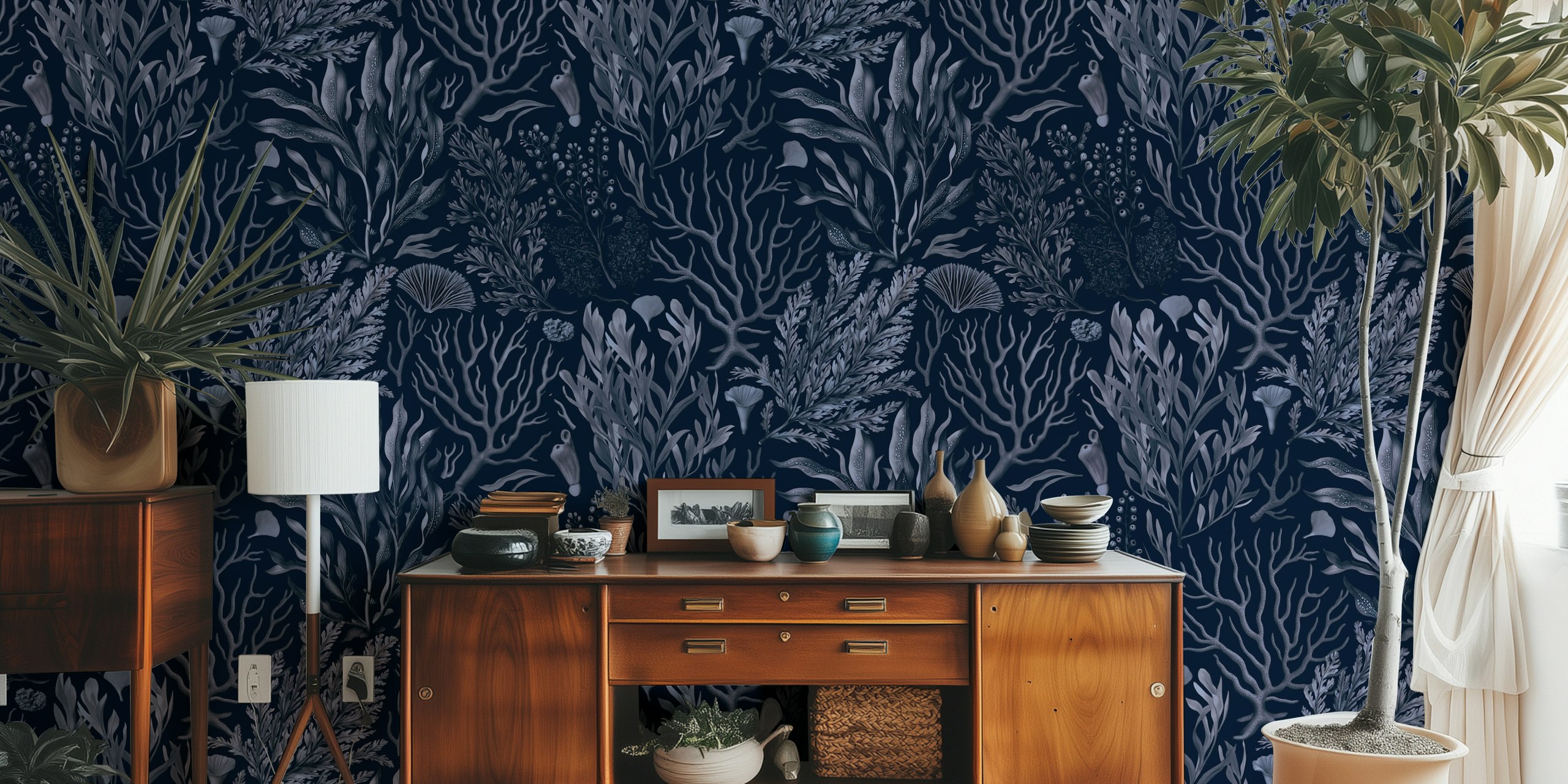 Mystical Ocean Underwater Foliage Garden Blue Tapete