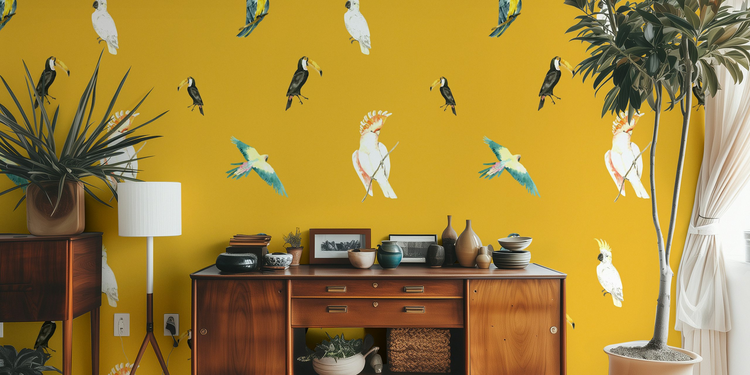 Vibrant bird paradise wallpaper in a room