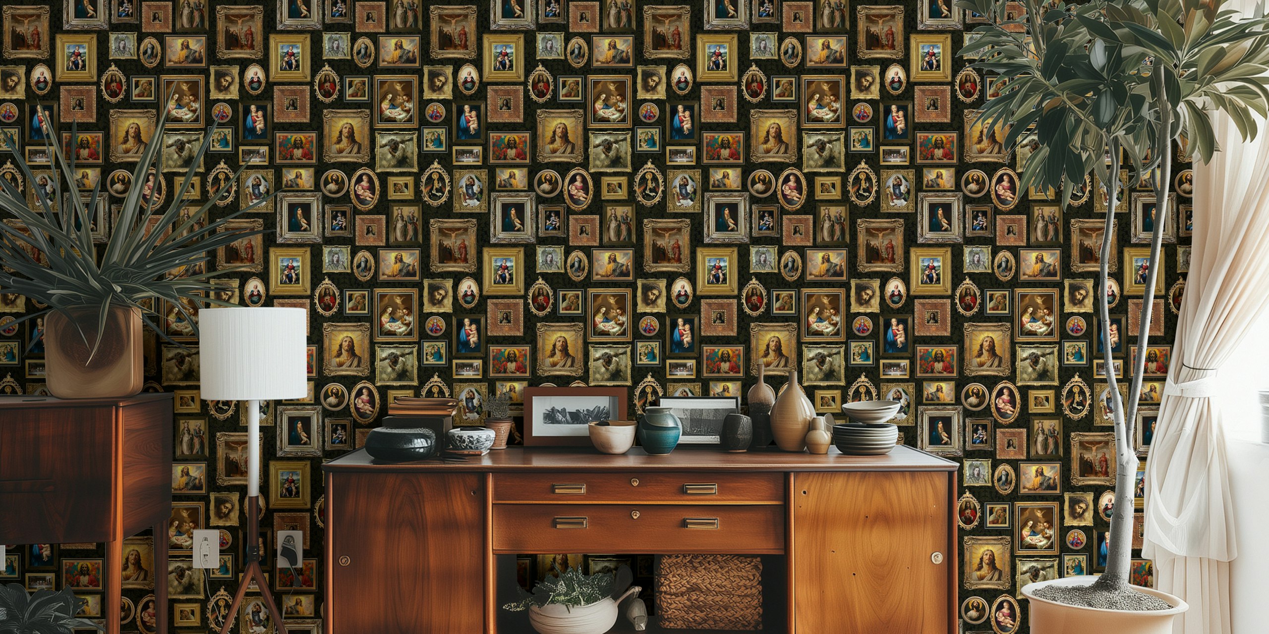 Classic religious art masterpieces wallpaper in a room