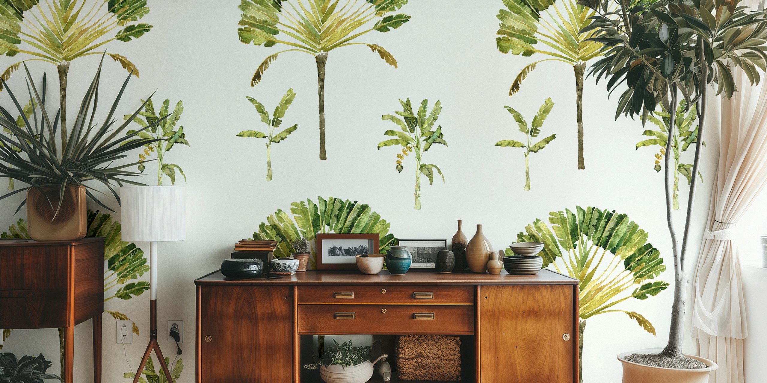 Watercolor wallpaper con Scattered Banana Palm Trees