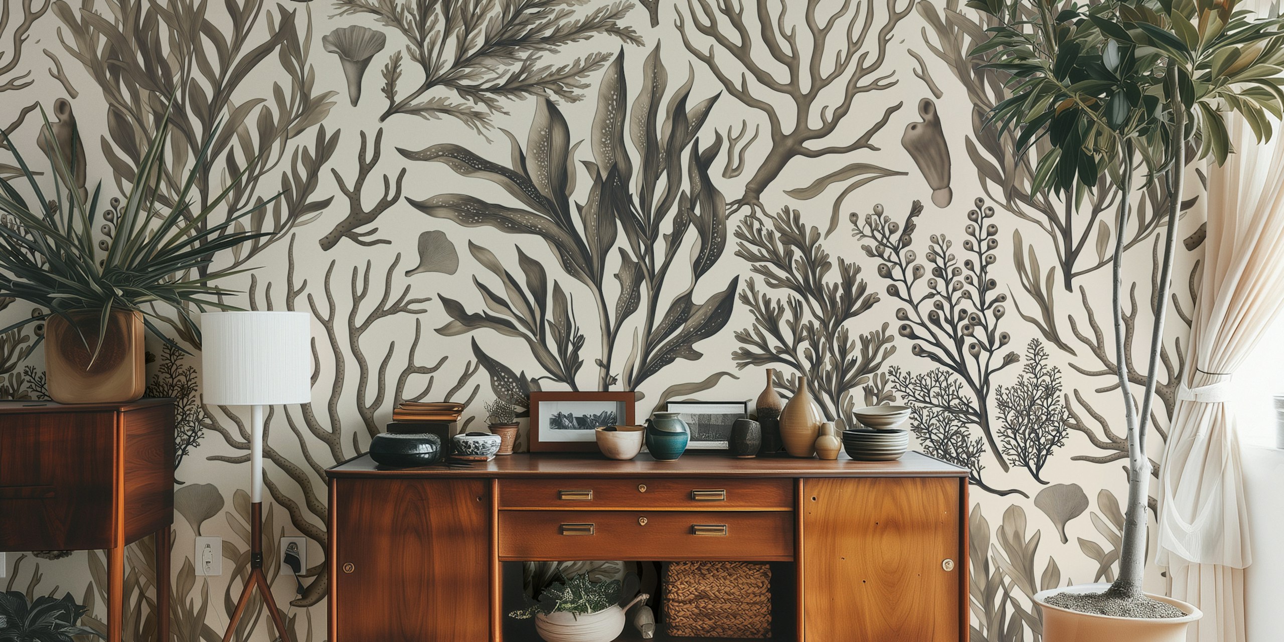 Nautical coral and seaweed designs in beige and brown wallpaper