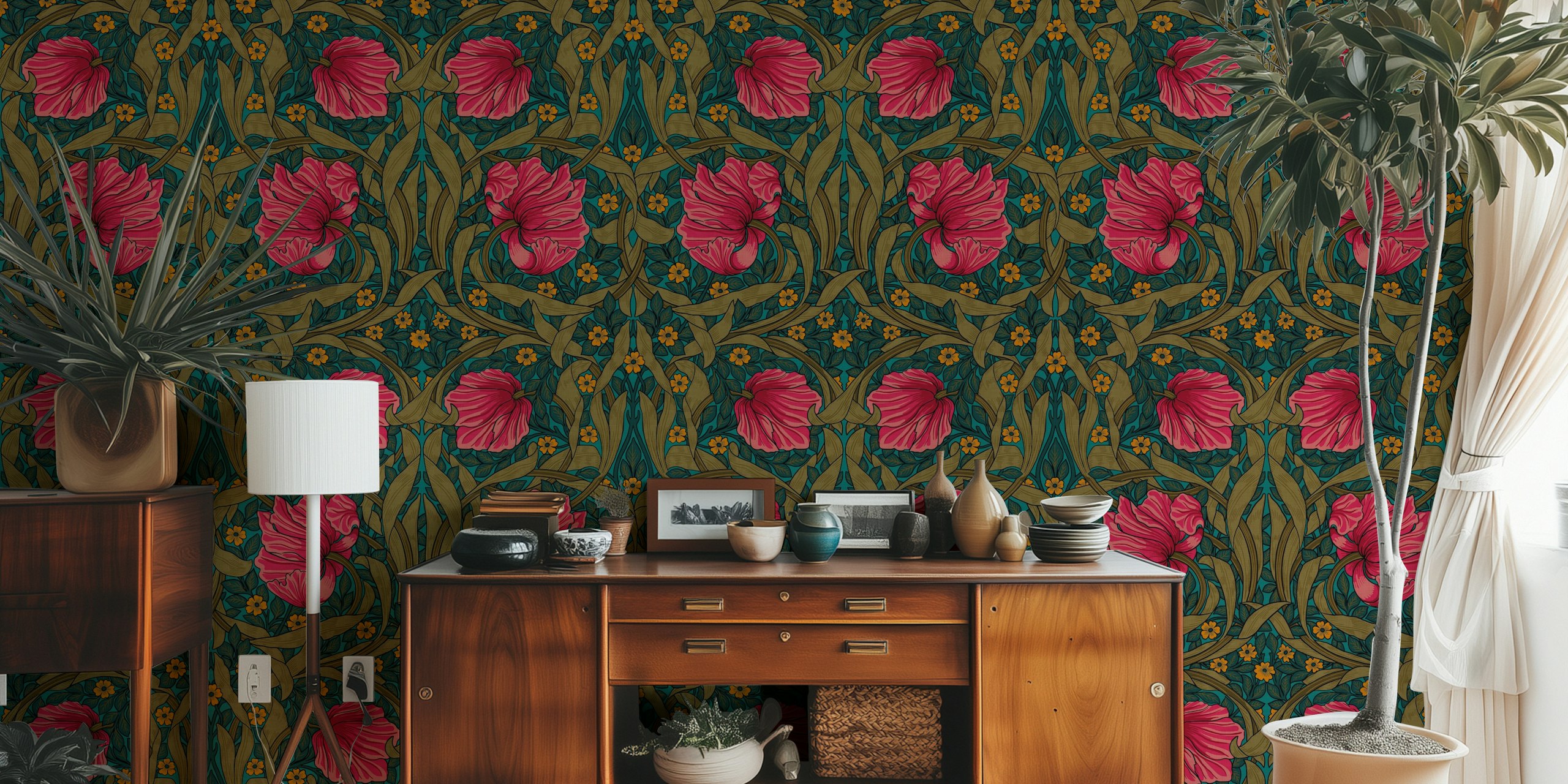 Pimpernel Majestic Floral Tapestry papel de parede em um cômodo
