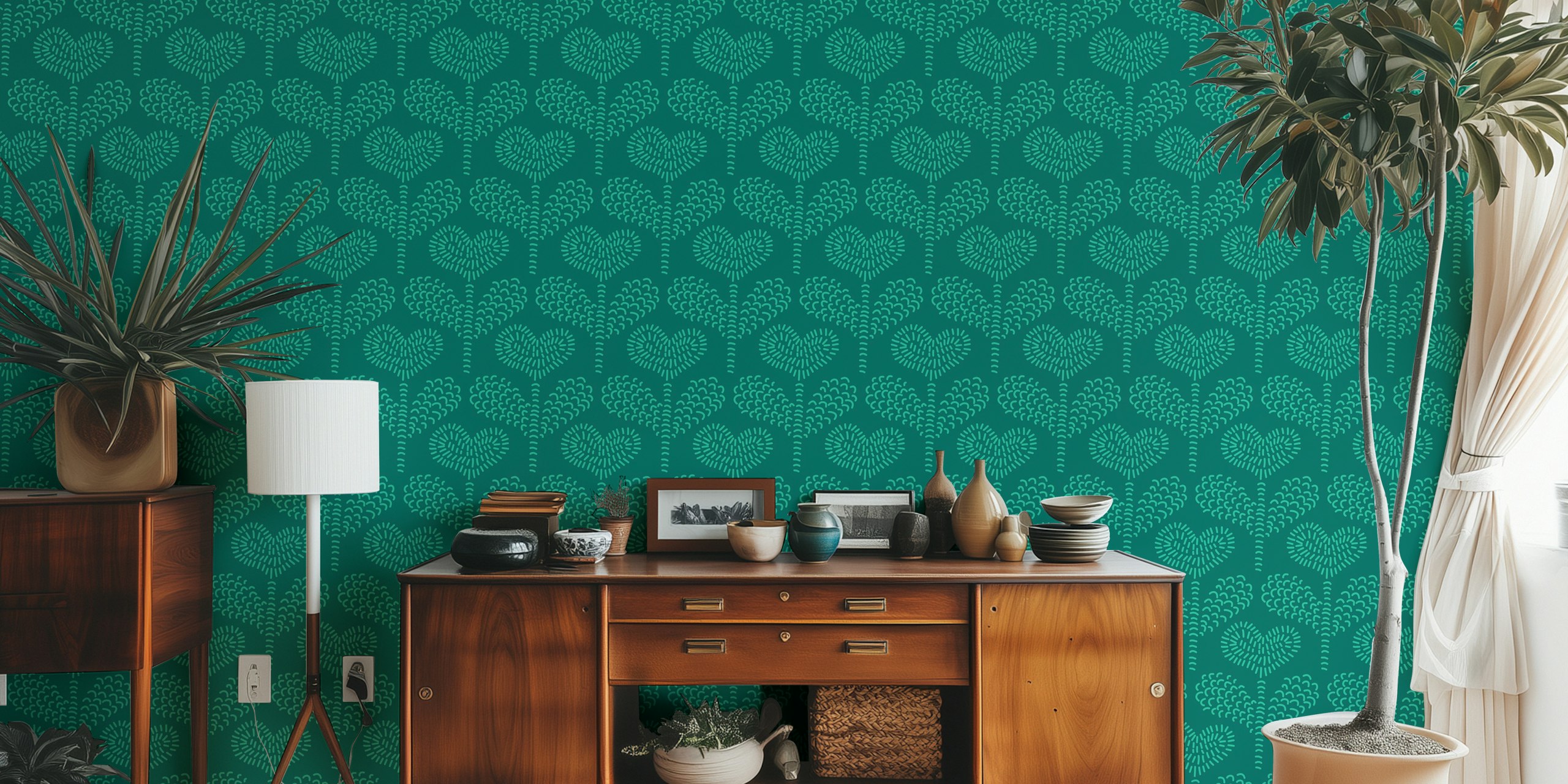 Teal green whimsical heart flowers wallpaper
