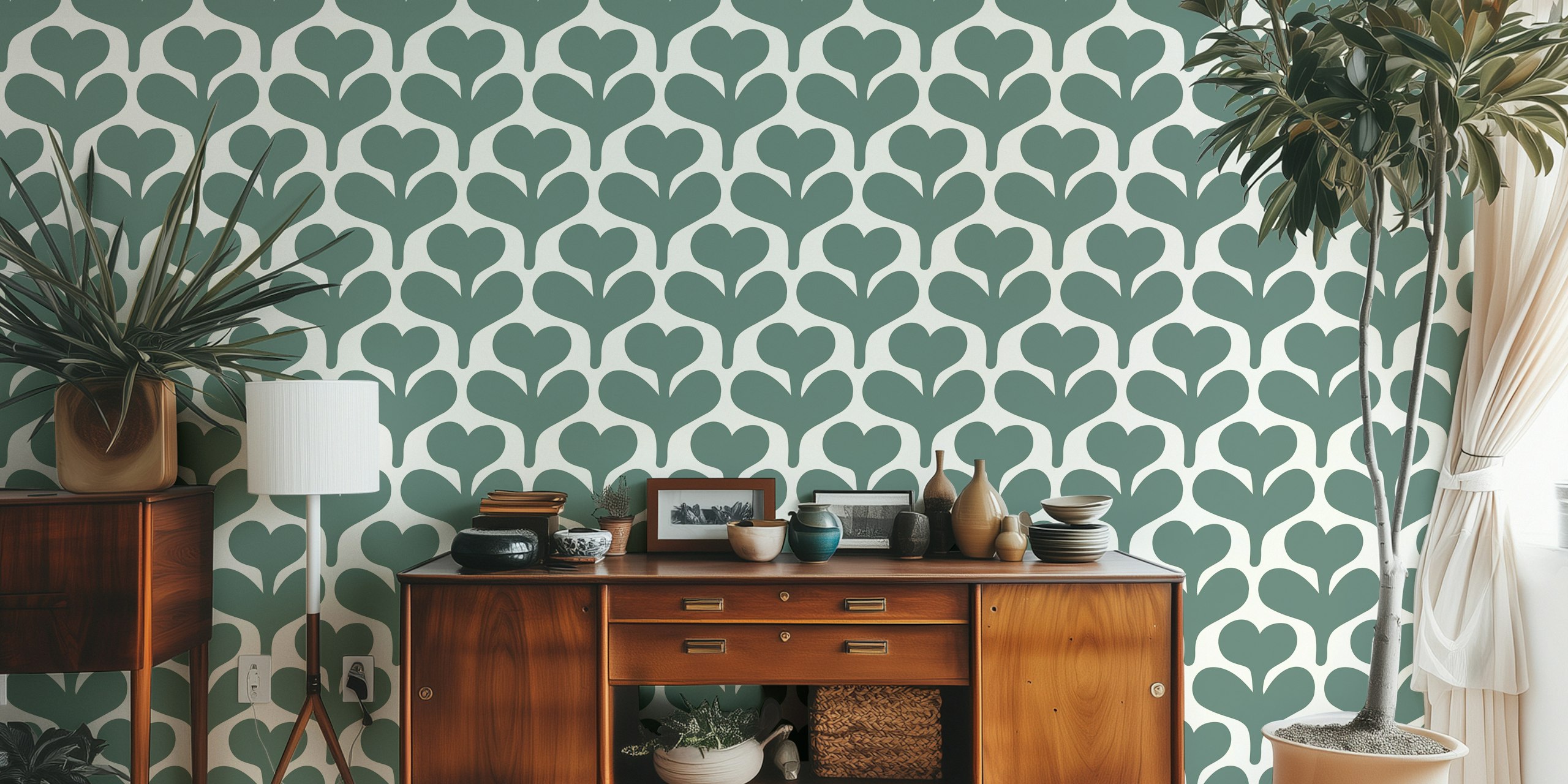 Hand drawn green heart flowers wallpaper design