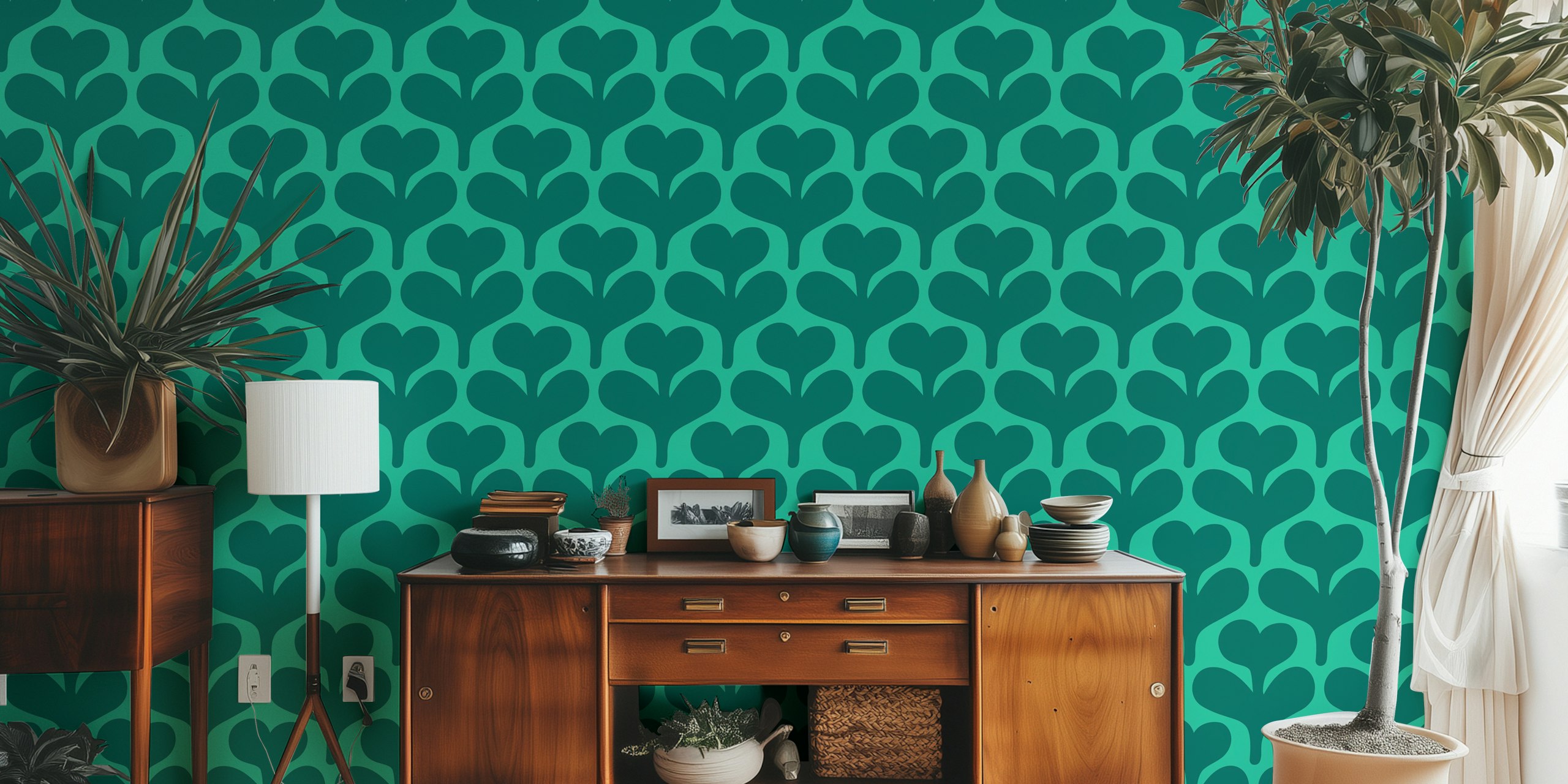 Green heart-shaped flower pattern on teal background wallpaper