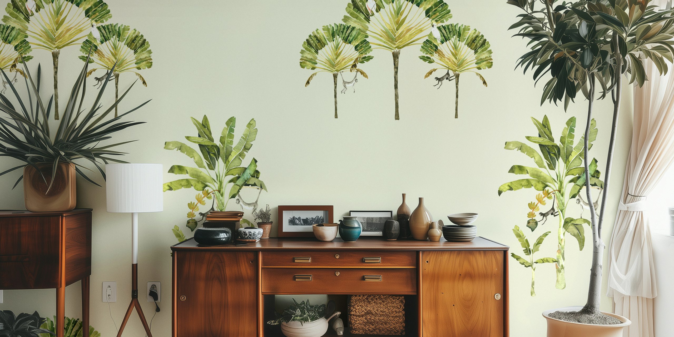 Tropical palm trees with monkeys and birds in green tones wallpaper