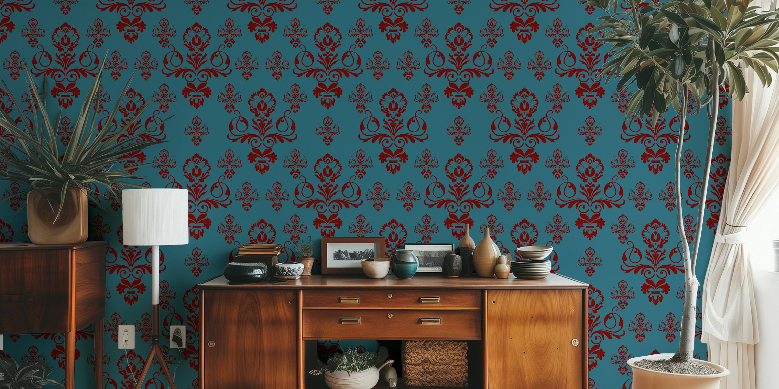 Floral damask wallpaper in tiefrotte marmor