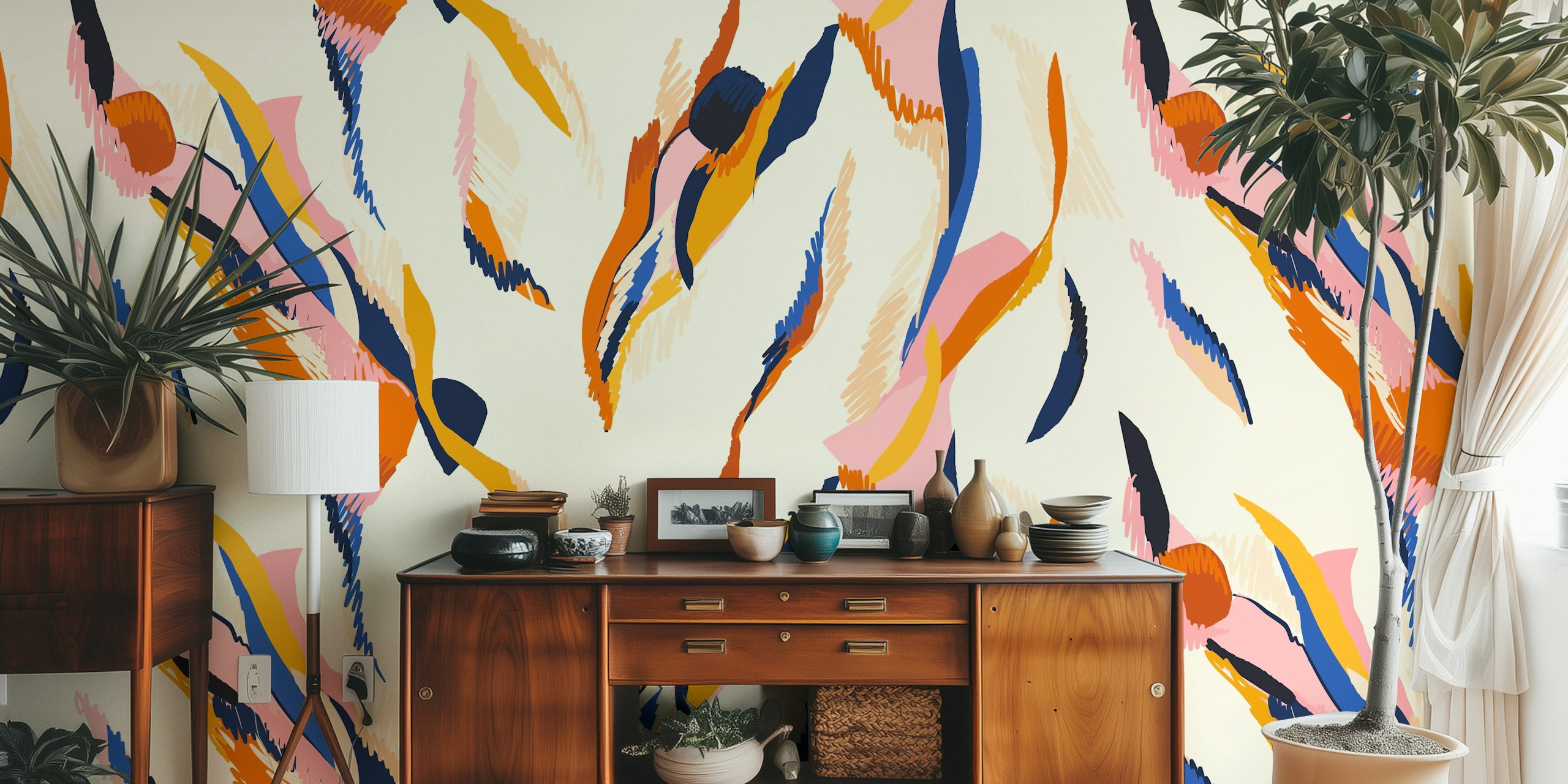 Bold artistic shapes wallpaper in a living room