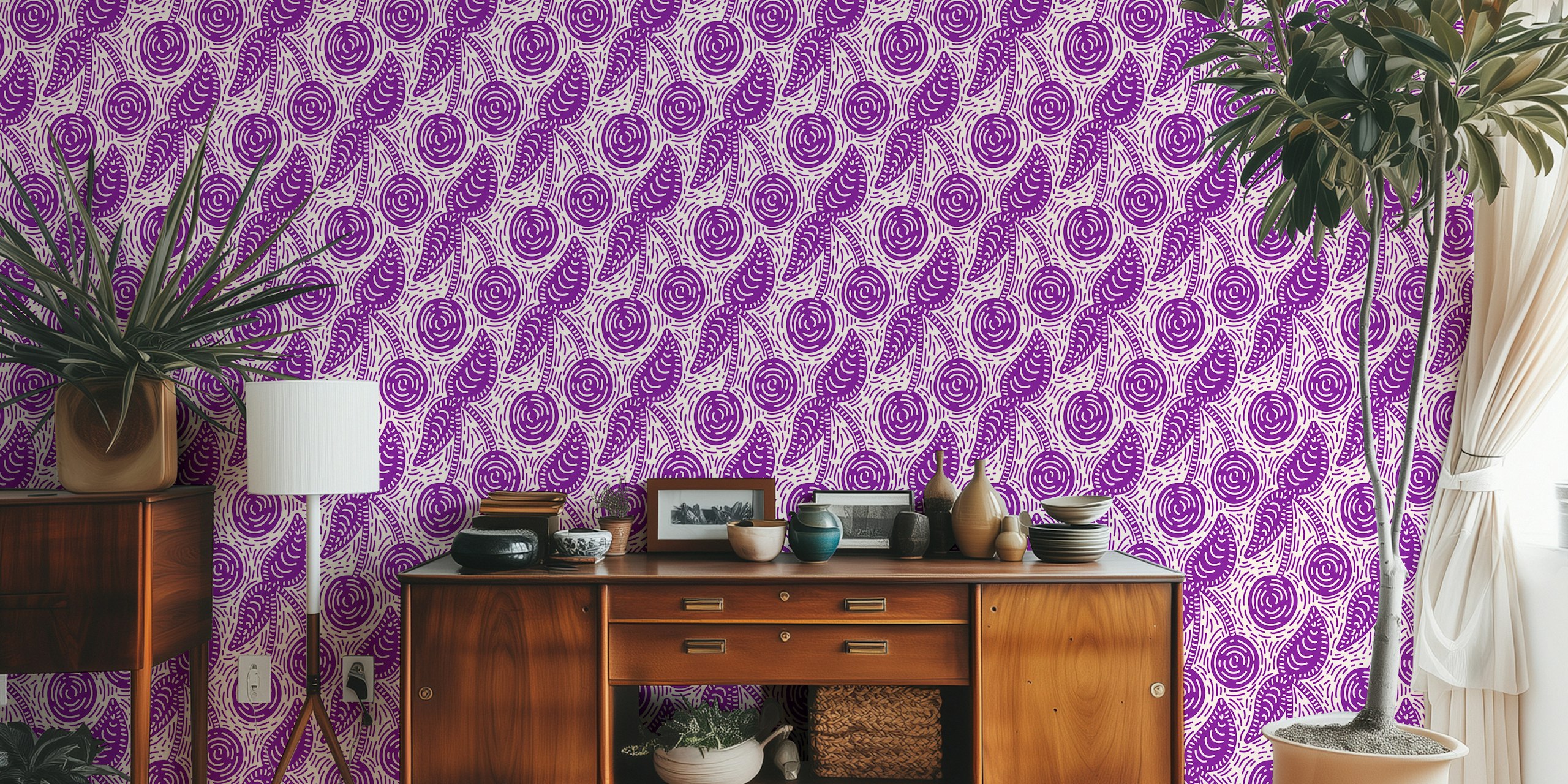 Playful Purple Cherries papel de parede em um quarto