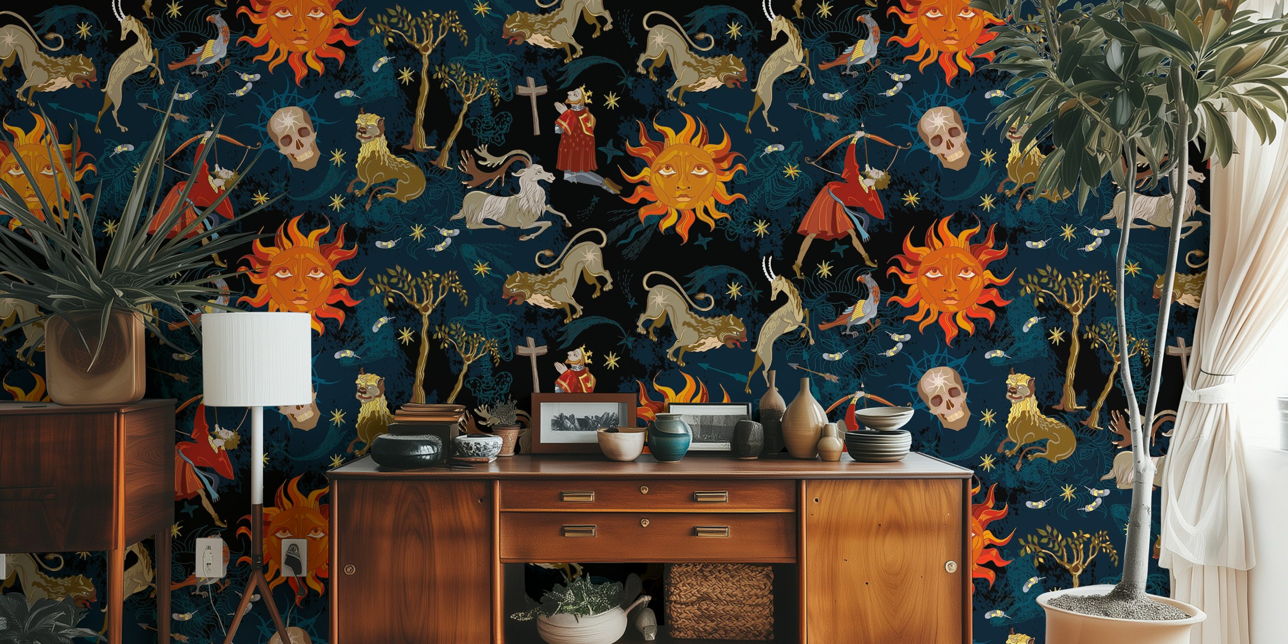 Medieval Astrological behang weergegeven in een kamer