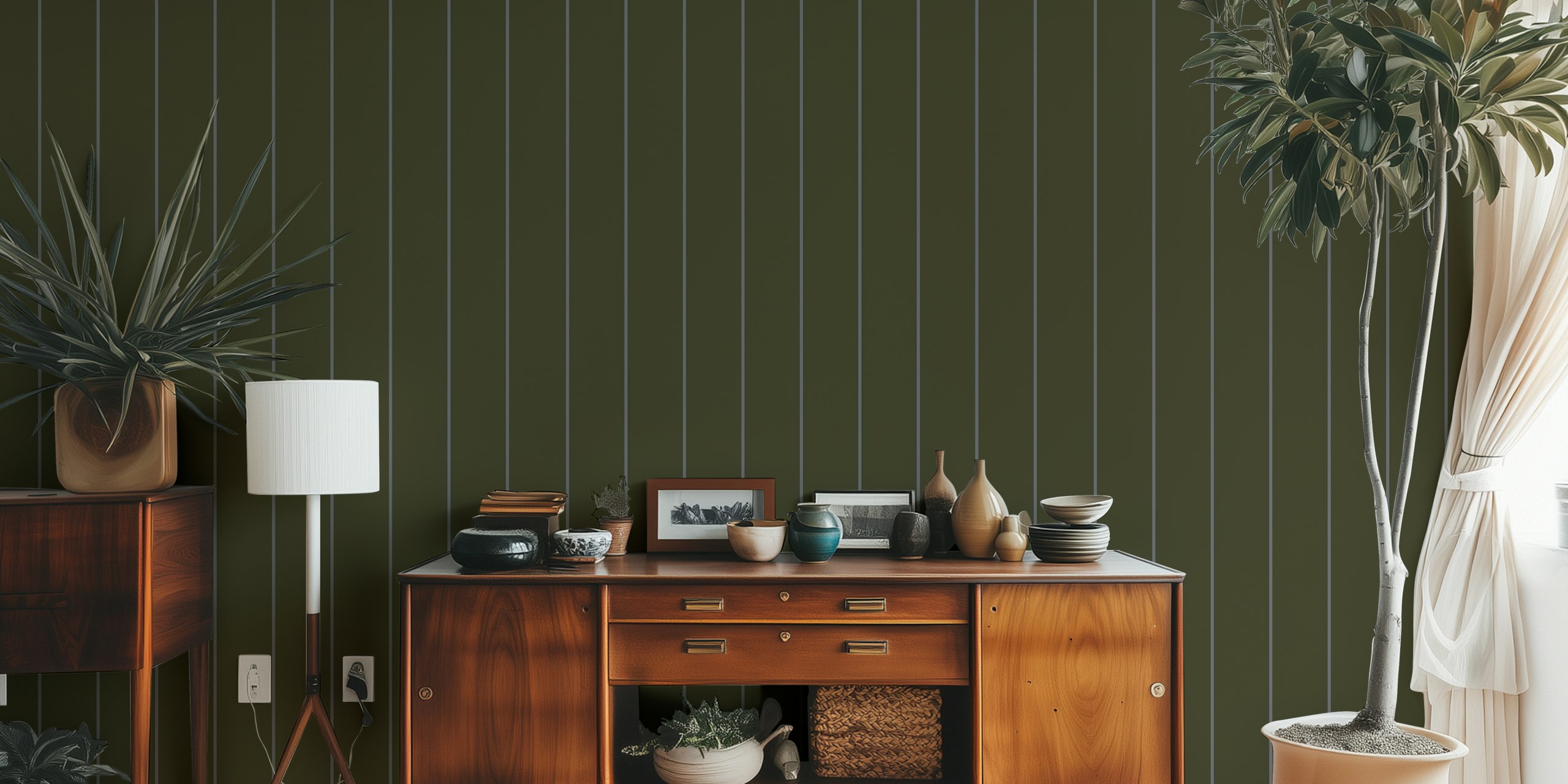 Thin nautical stripes on dark green patterned wallpaper