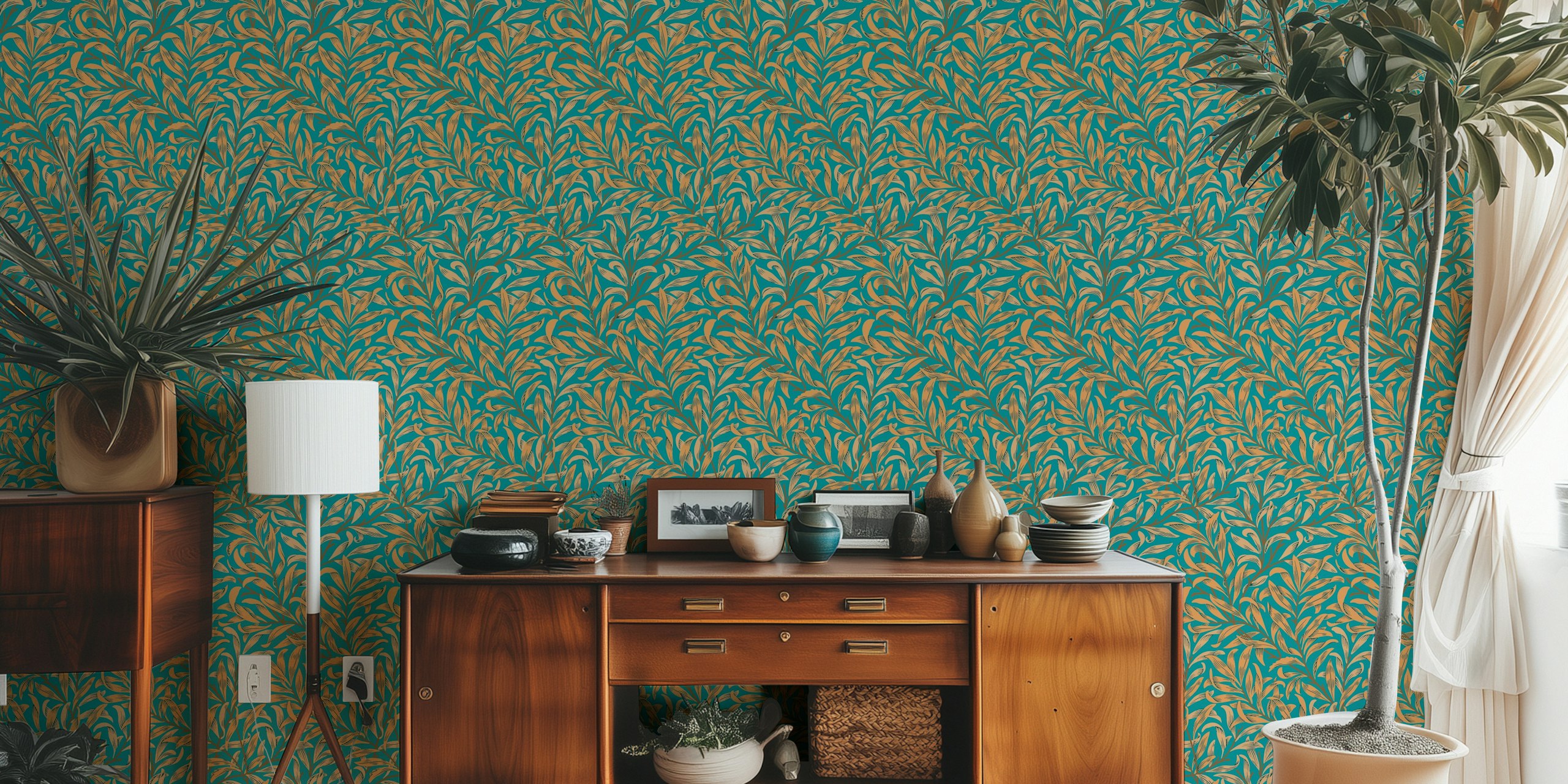 Emerald green botanical wallpaper with gold leaf motifs in a repeat pattern.