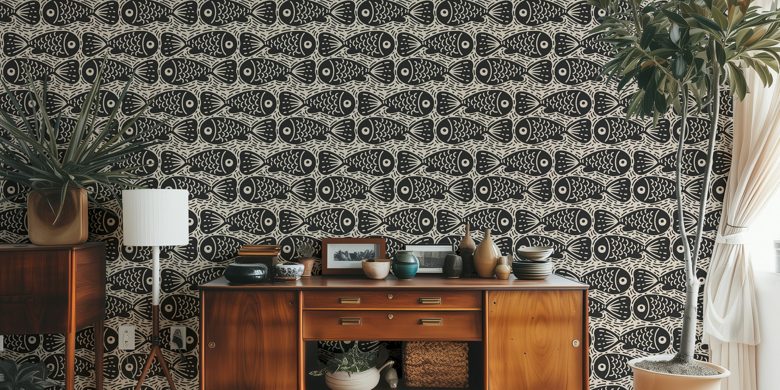Black doodle fish pattern on beige background wallpaper