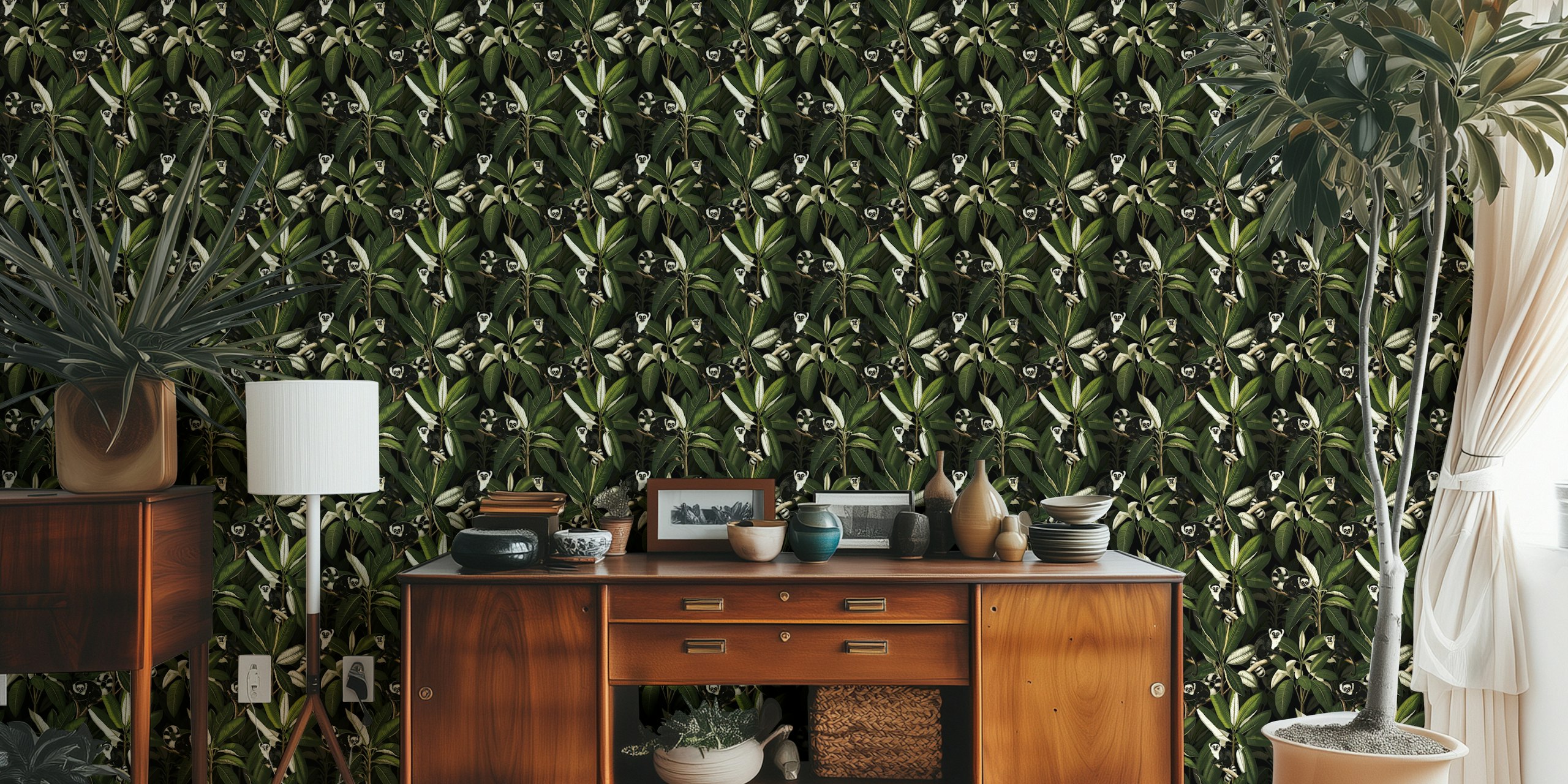 Lemurs and tropical leaves on black background wallpaper
