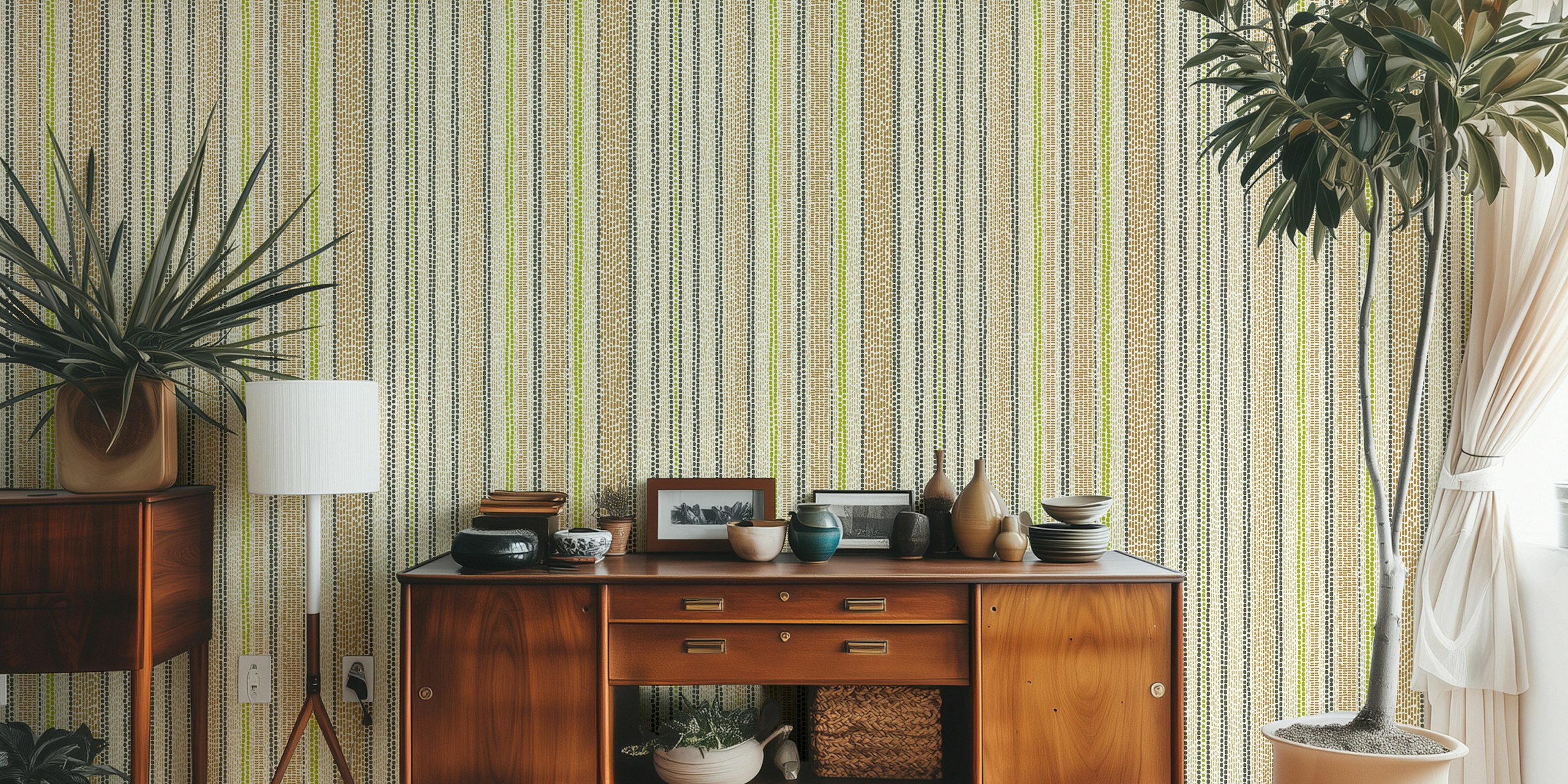 Handwoven striped pattern in khaki, green, and black colors wallpaper