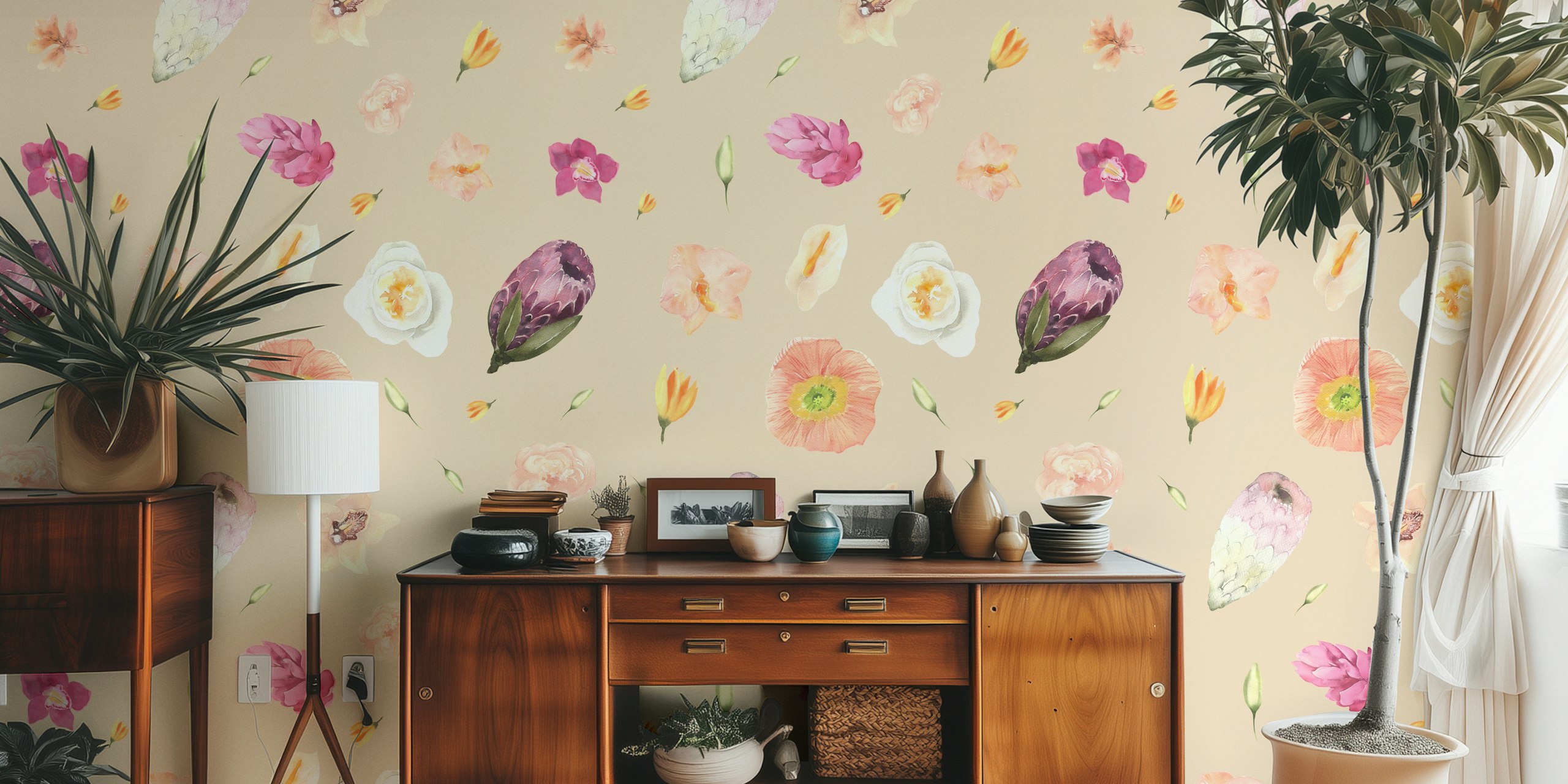 Exotic Blooms seamless wallpaper in a room