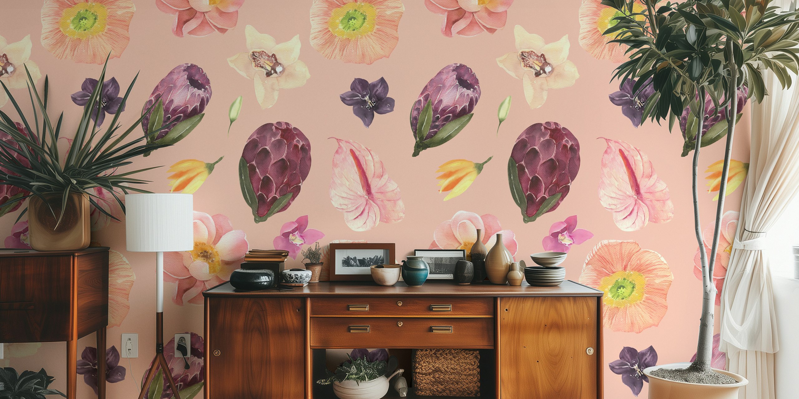 Vibrant Tropical Blossoms Pattern σε ένα δωμάτιο