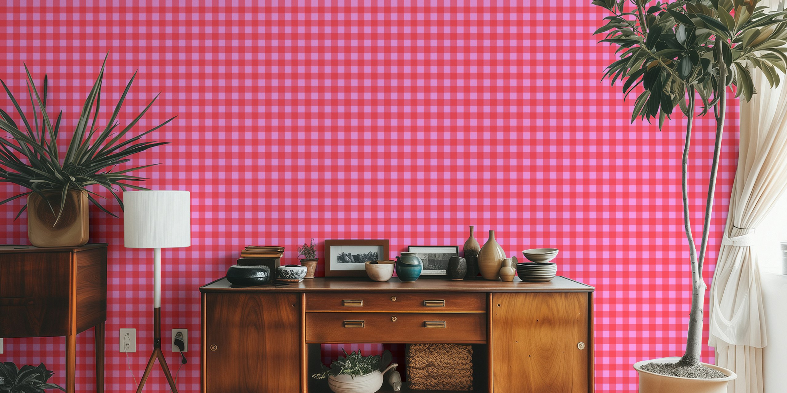 Gingham pattern wallpaper in preppy pink in a room