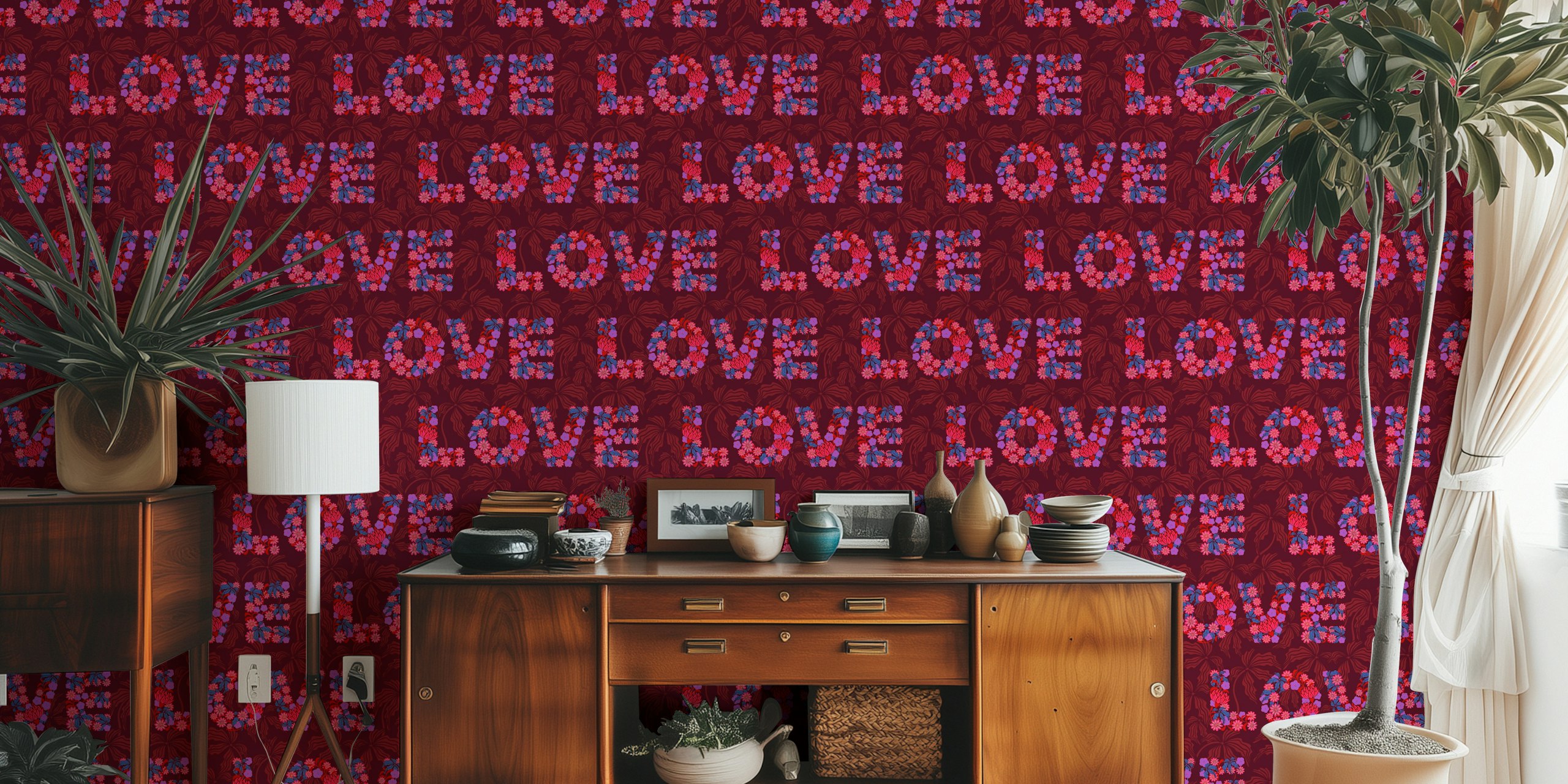 Flowered Love Floral Lettering Pattern Red tapeta