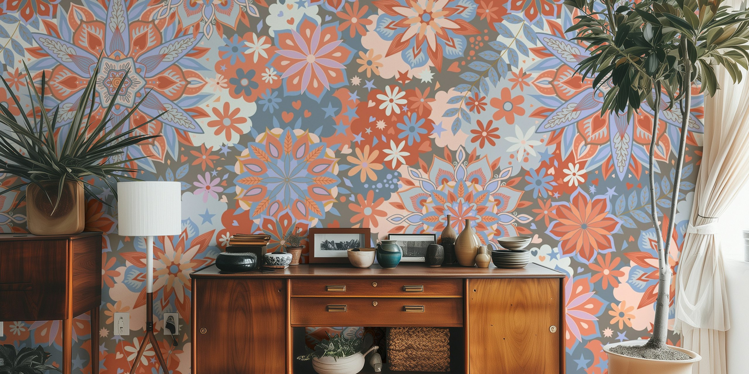 Bohemian Mandalas rosa und graue Tapete in einem Raum