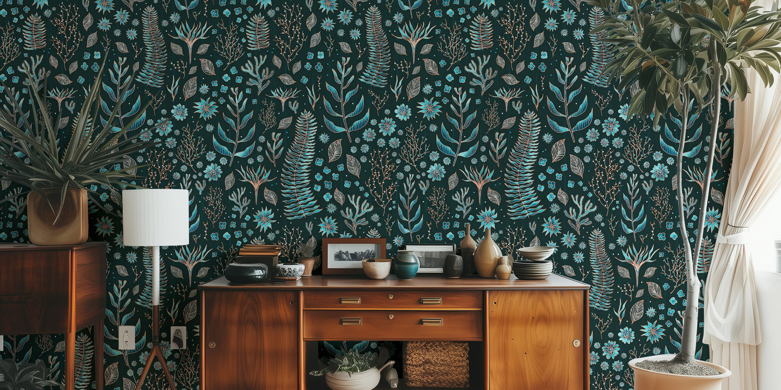 Blue Enchanted Forest Botanicals wallpaper in a room