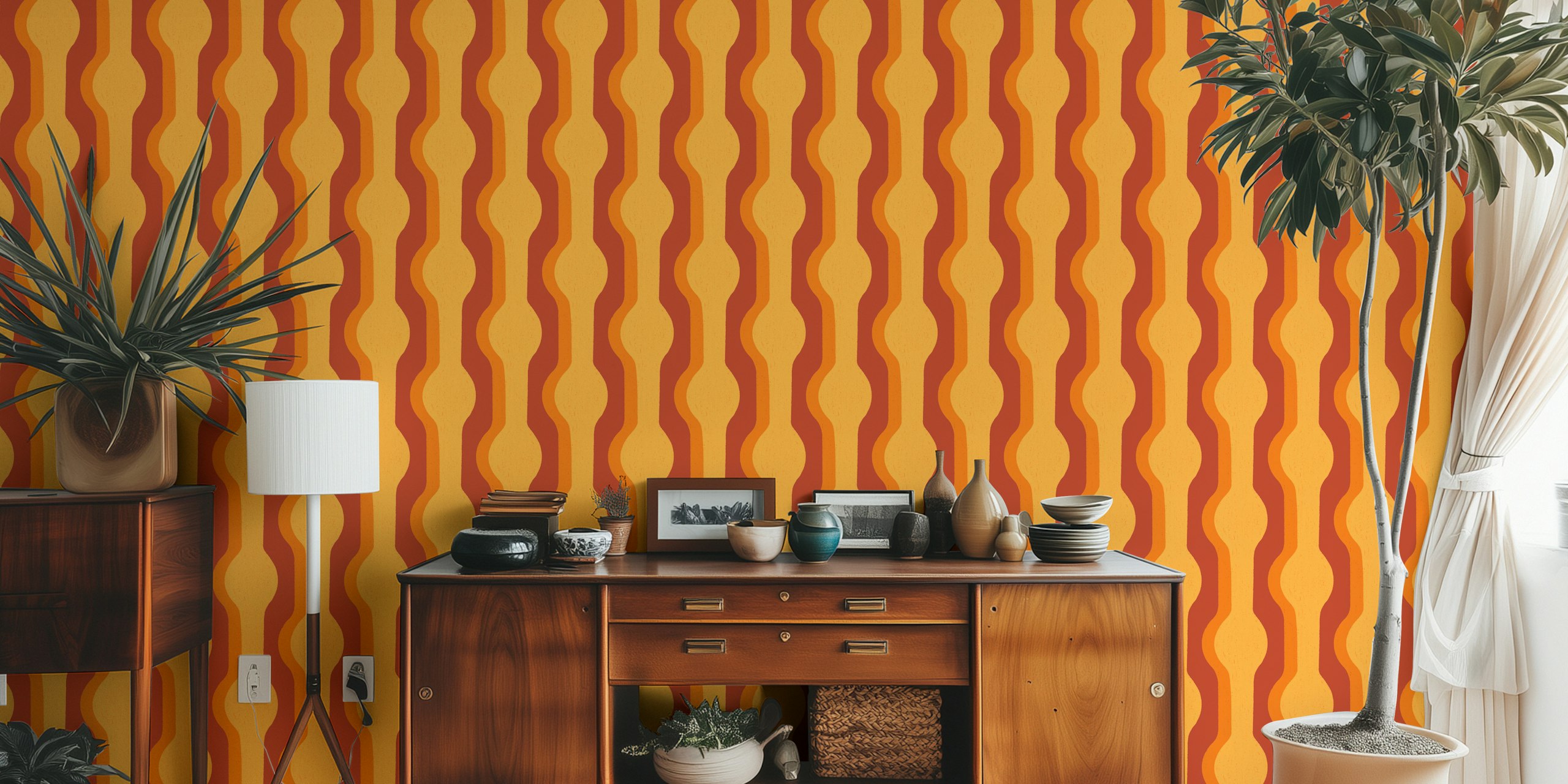 Groovy Retro Stripes Shapes Orange Red tapet i ett rum
