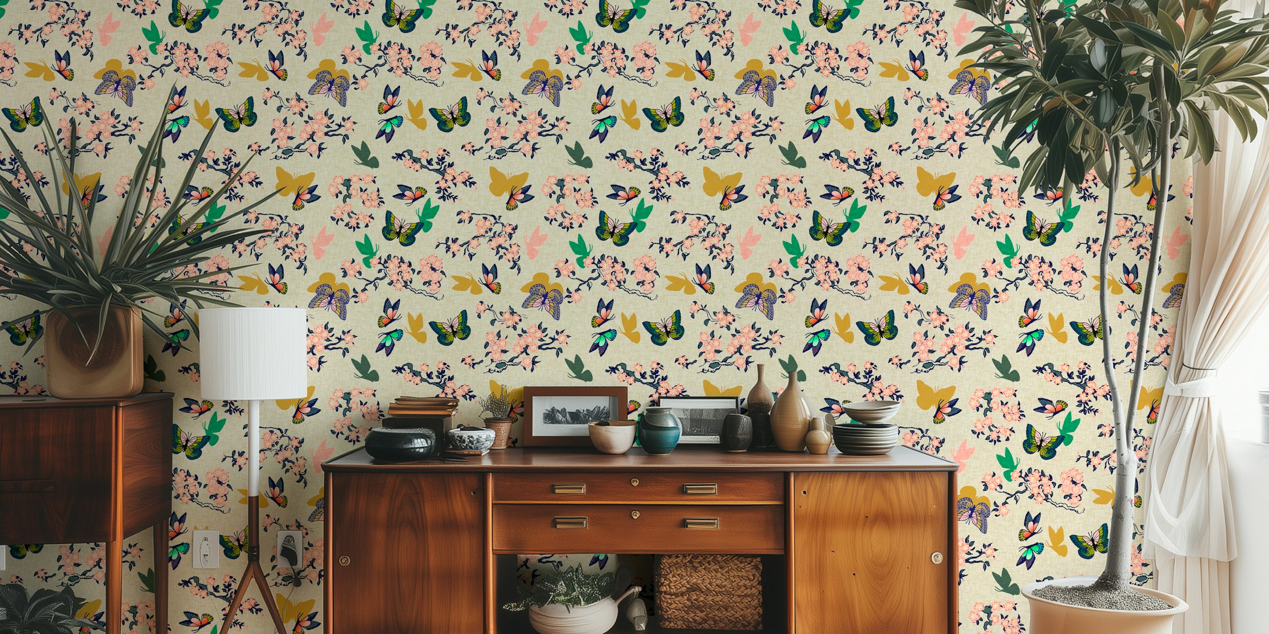 Beige floral wallpaper with pink blossoms and butterflies in a Chinoiserie style
