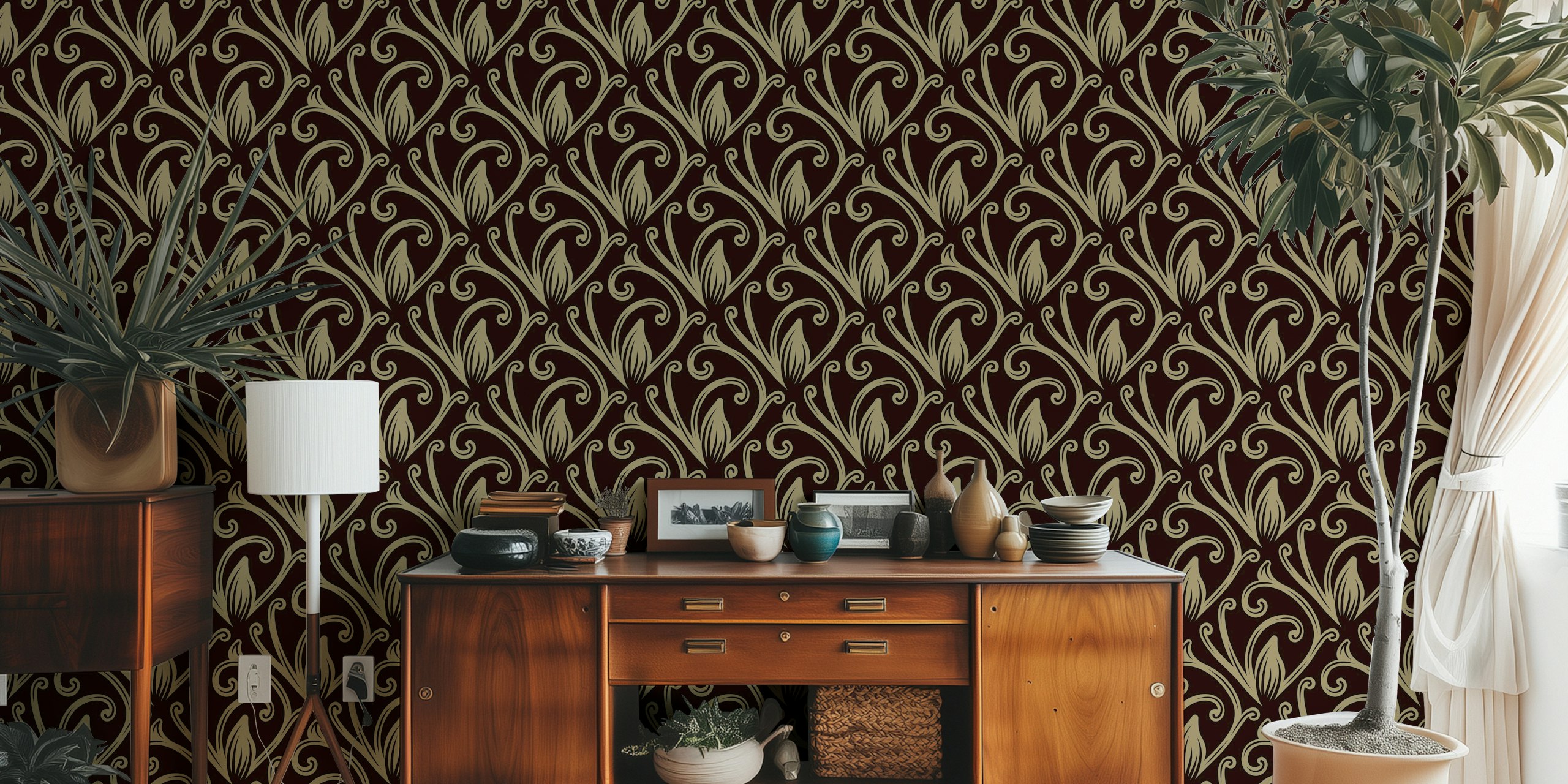 Baroque acanthus leaves pattern in black and gold wallpaper