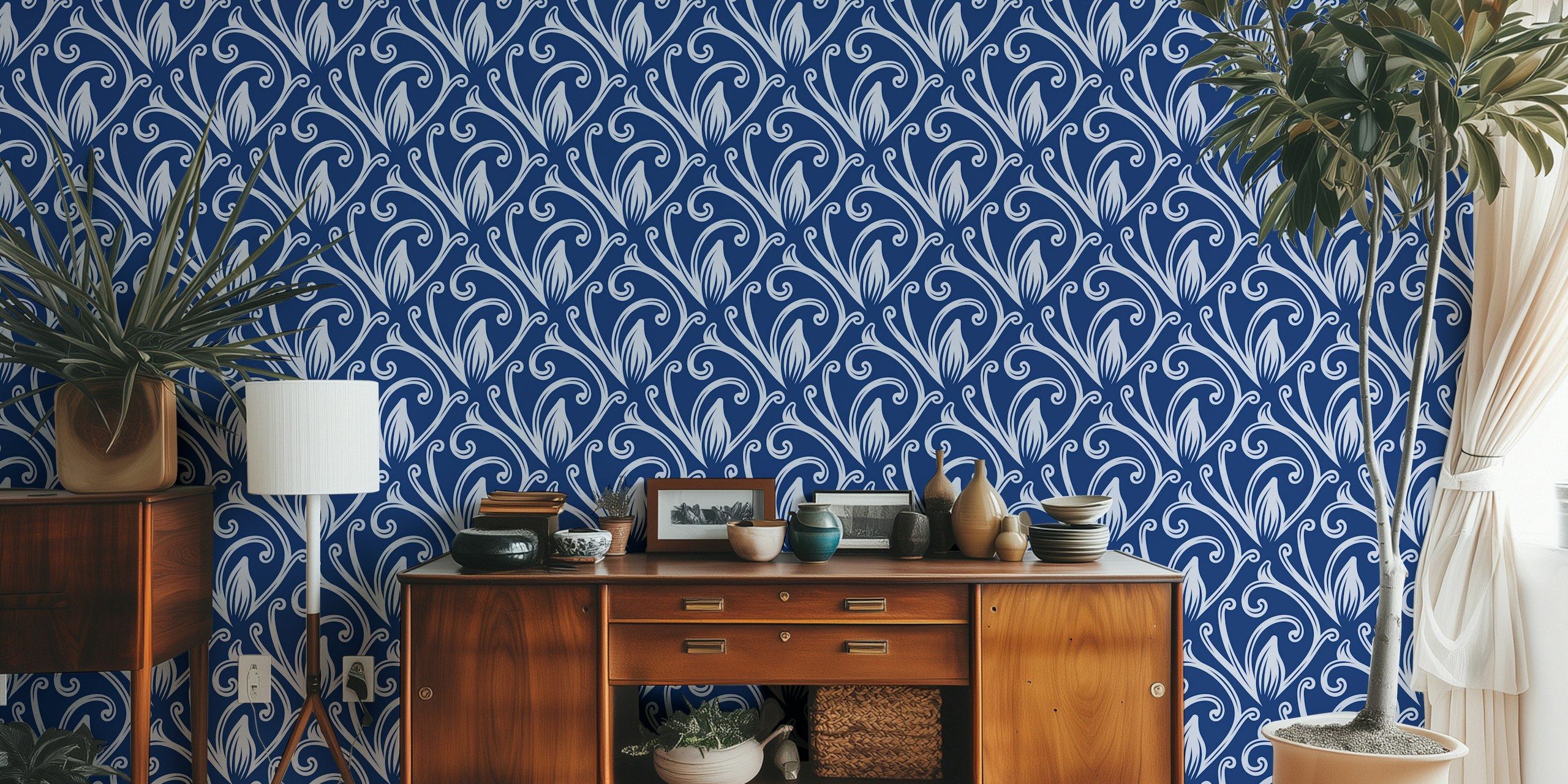 Navy background with white baroque floral acanthus design wallpaper