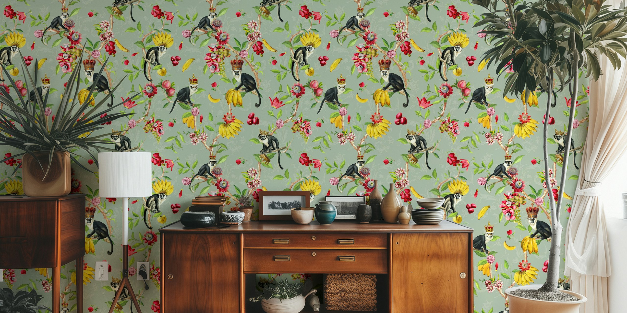 Vintage monkeys surrounded by tropical flowers and fruits wallpaper