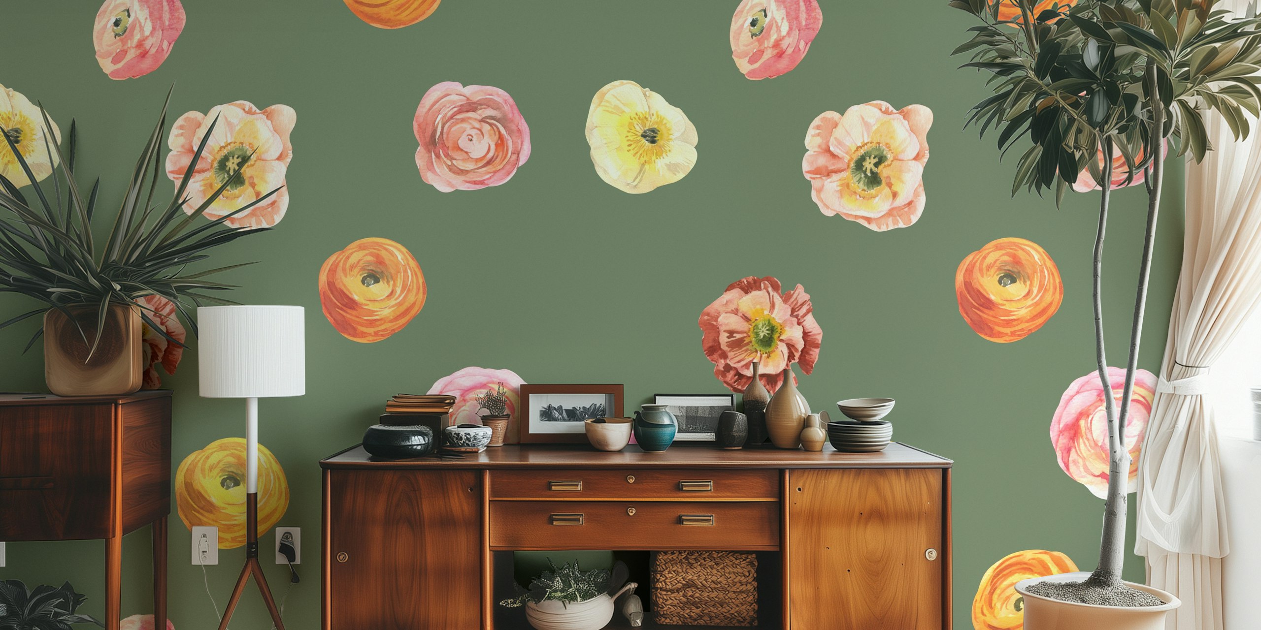 Scattered ranunculus wallpaper in a room