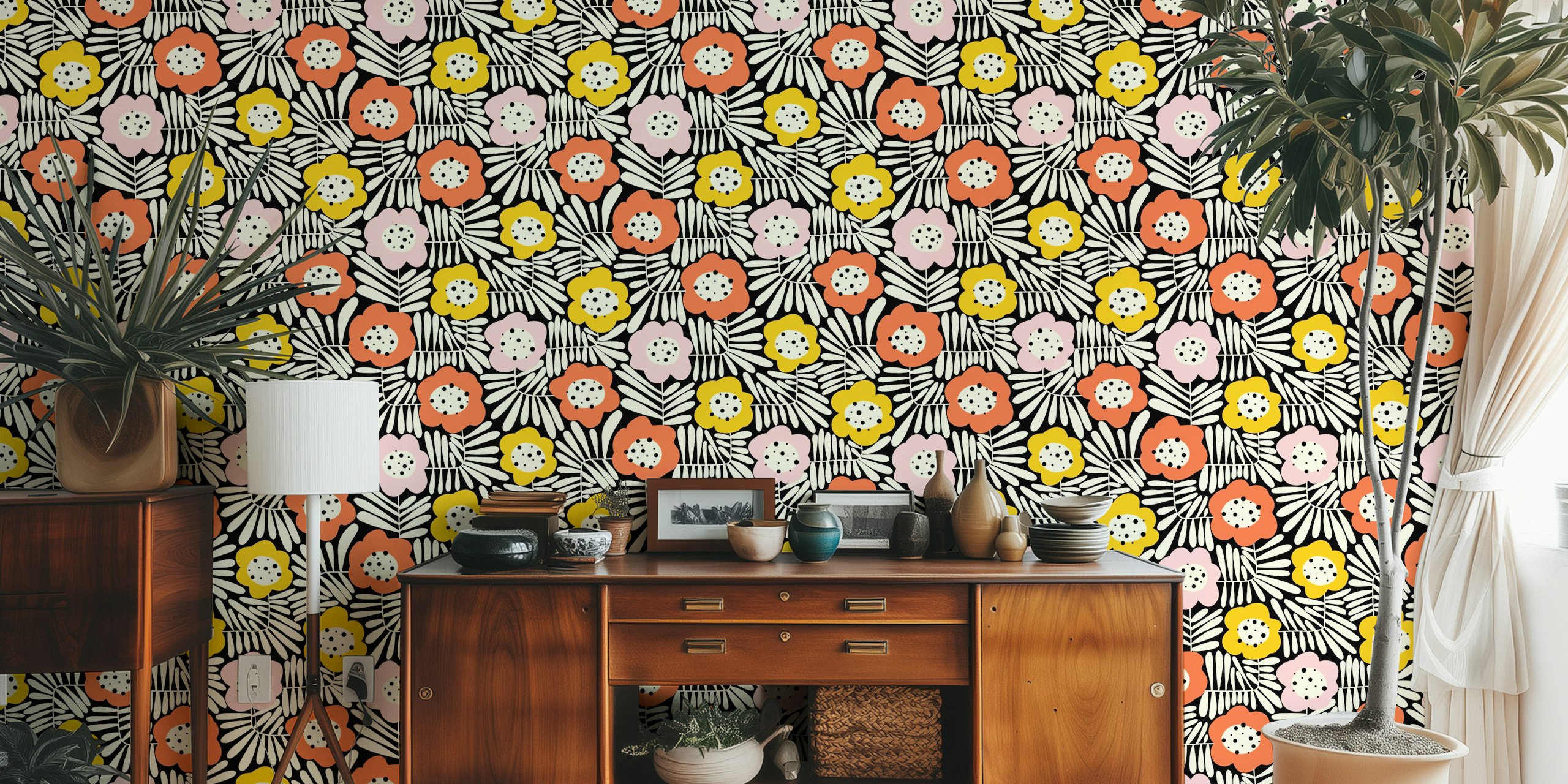 Colorful floral pattern in pink, ochre, and black wallpaper