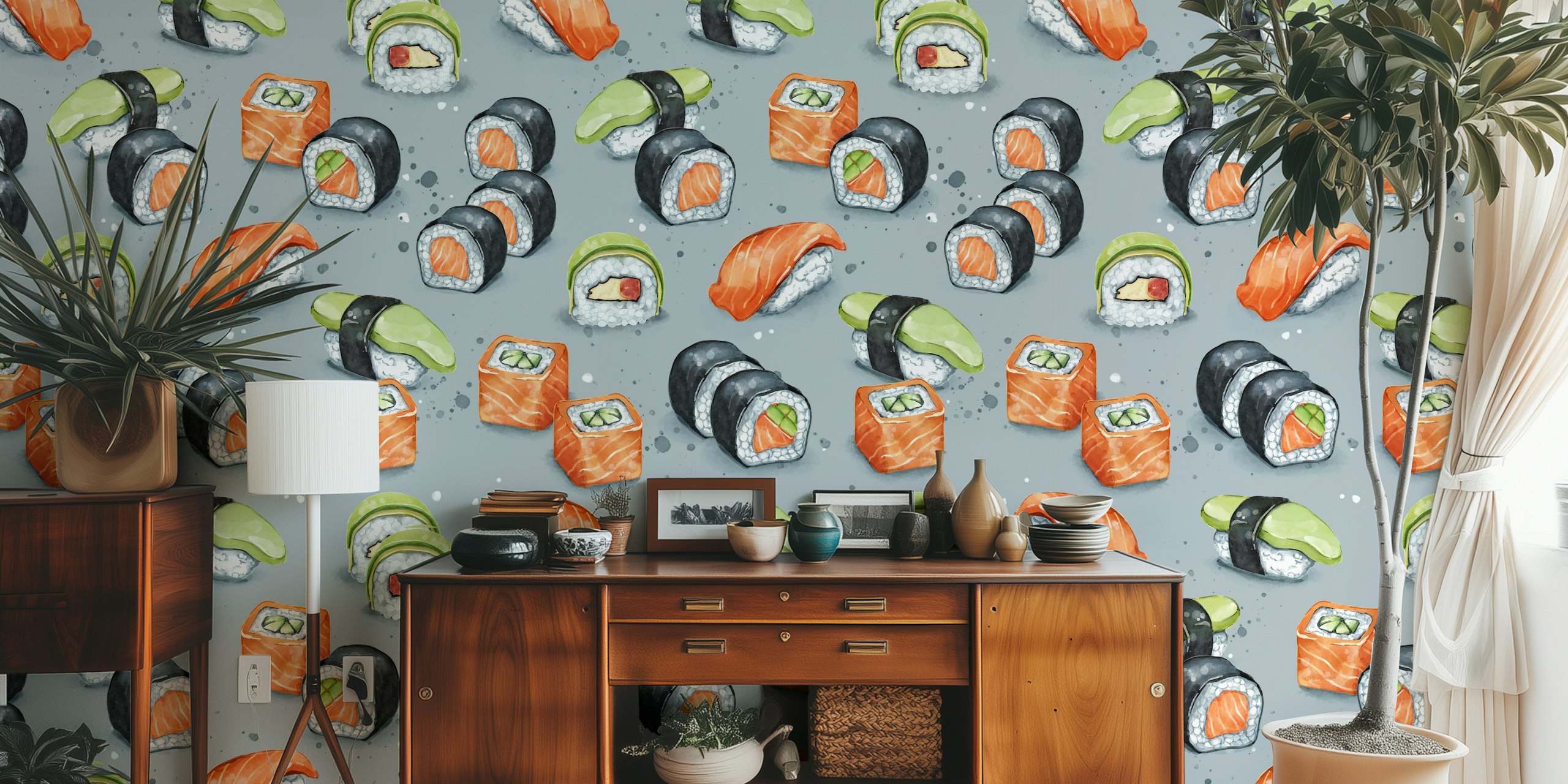Sushi motifs on gray background wallpaper
