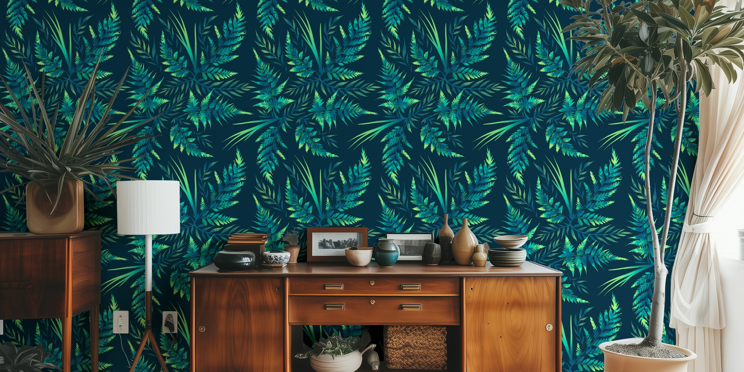 Σχέδιο Watercolor Fern Leaves - Emerald Green σε ένα δωμάτιο