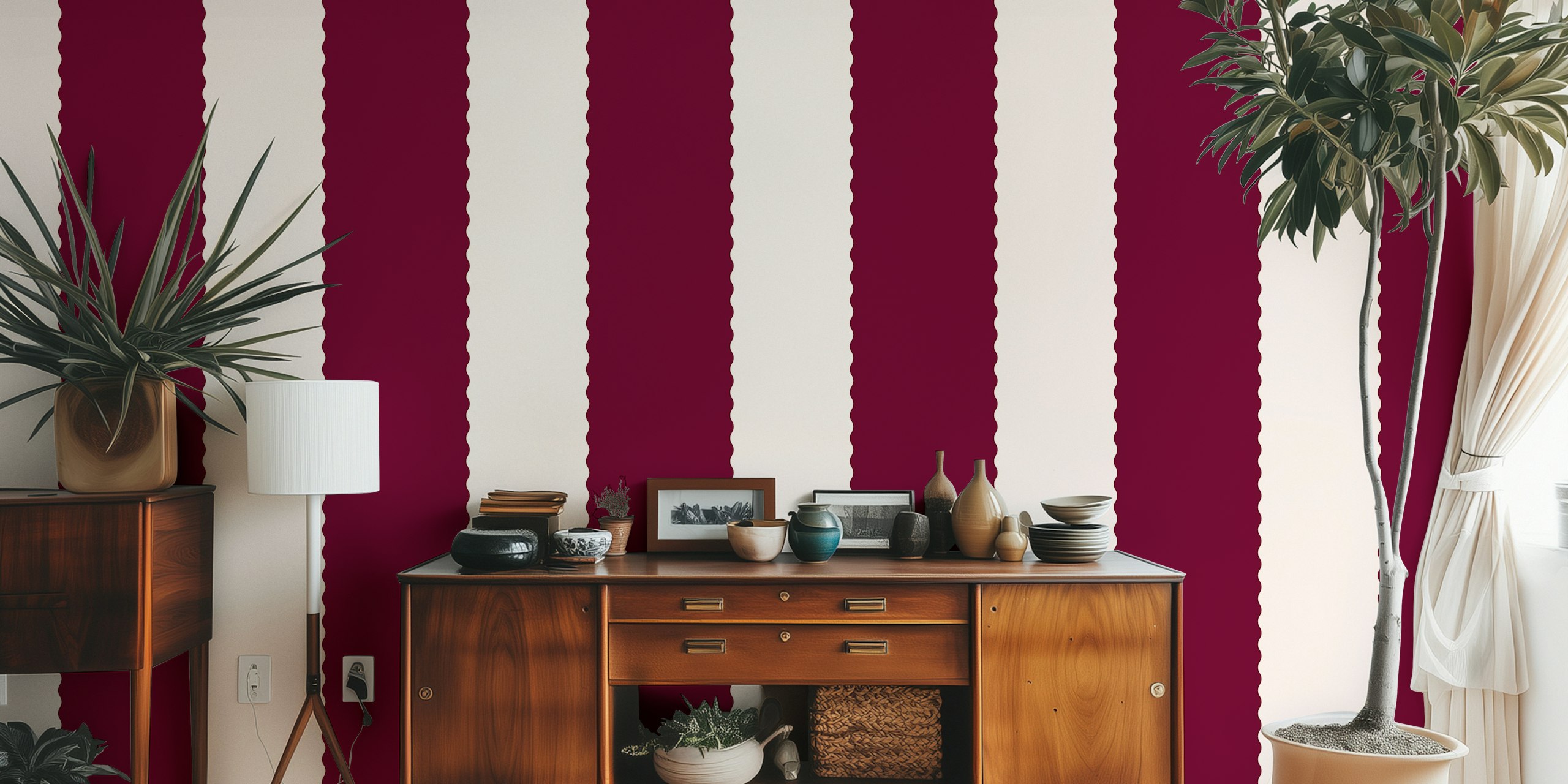 Large Wiggly Stripes Burgundy wallpaper in a room