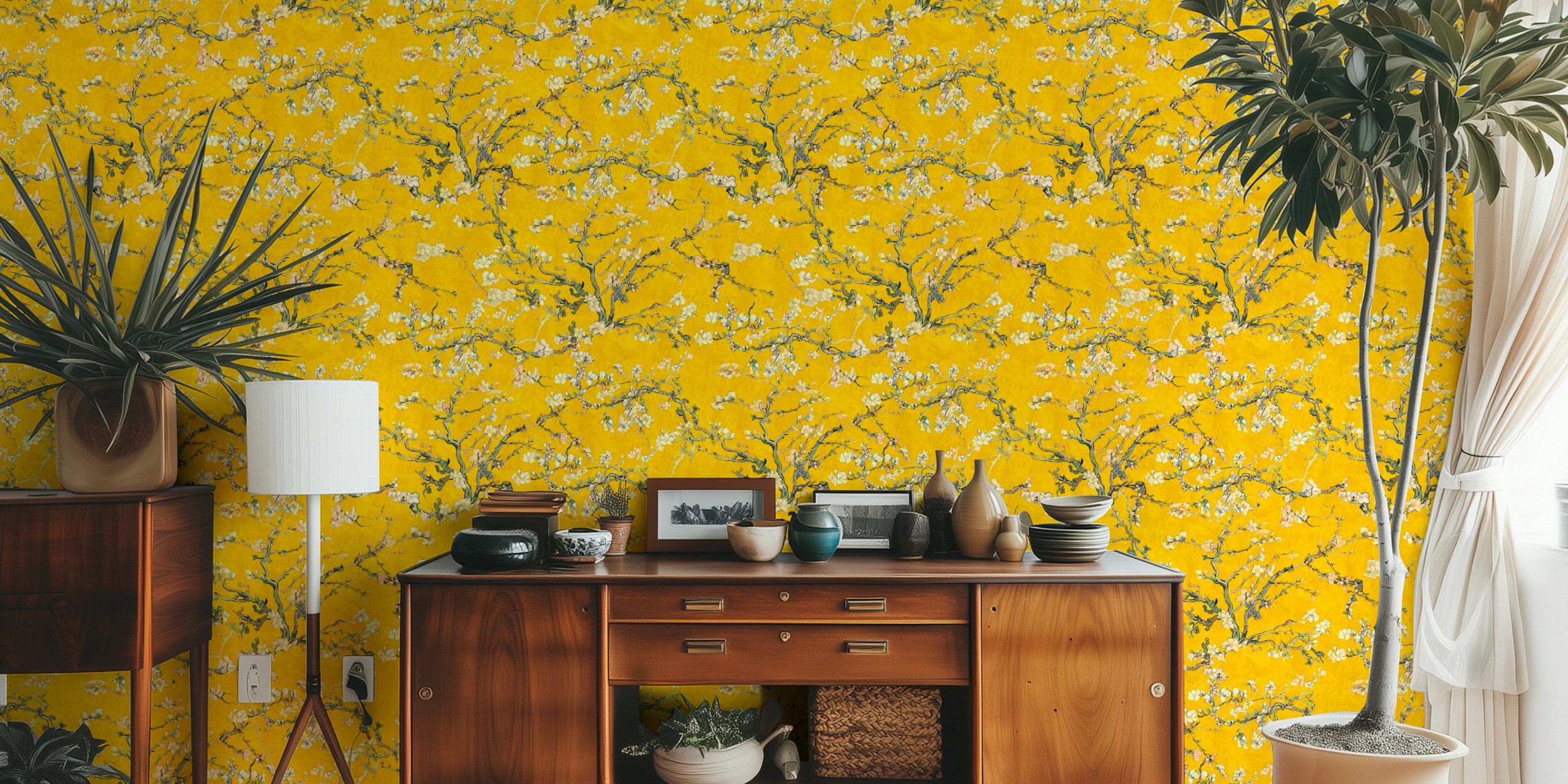 Almond blossom branches against bright yellow background wallpaper