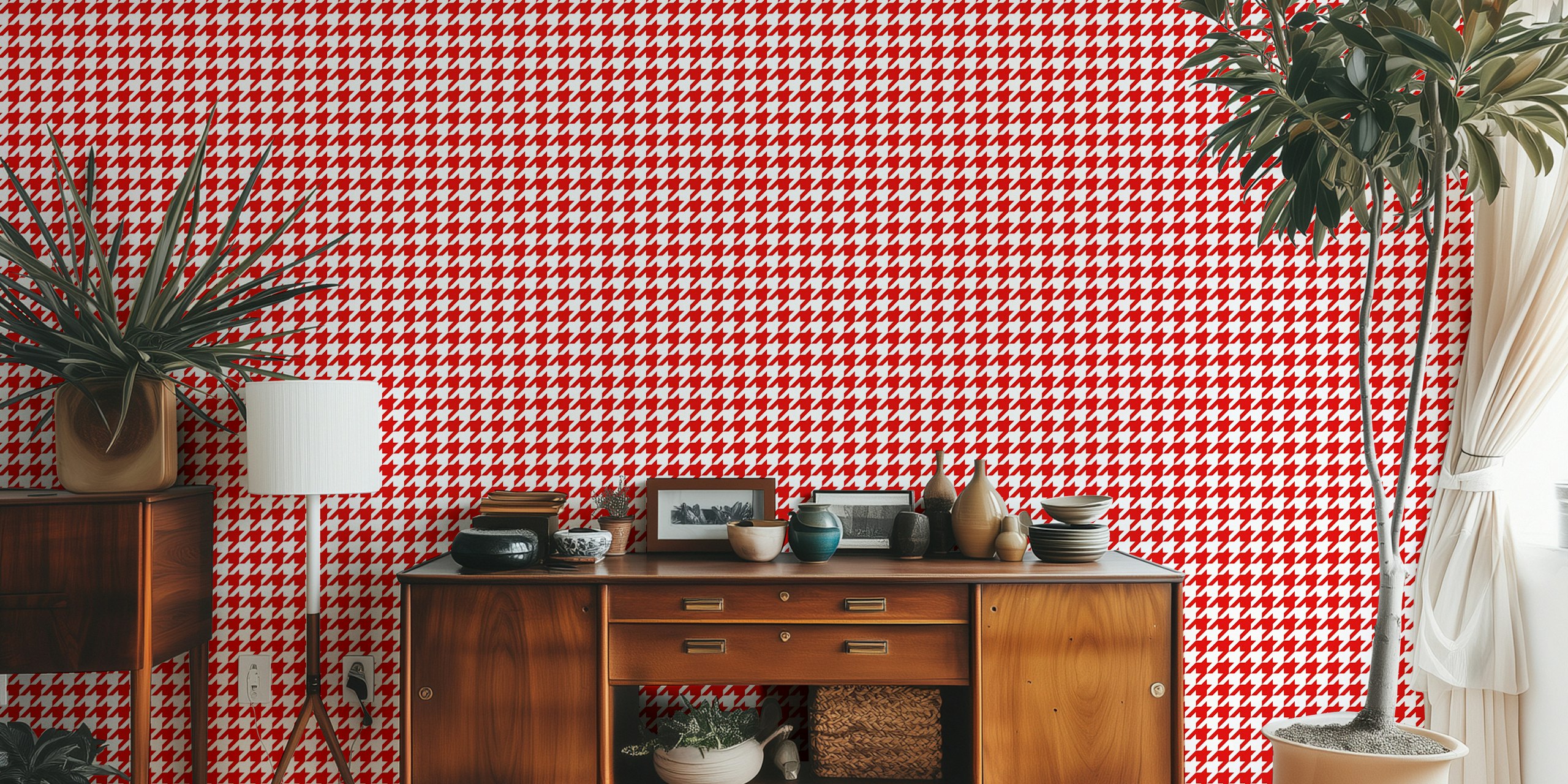 Red and white houndstooth pattern wallpaper