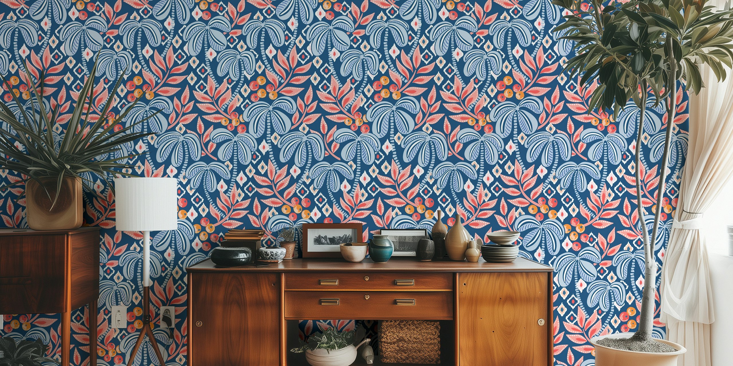 Tropical Boho Dark Navy Blue Tapete im Raum