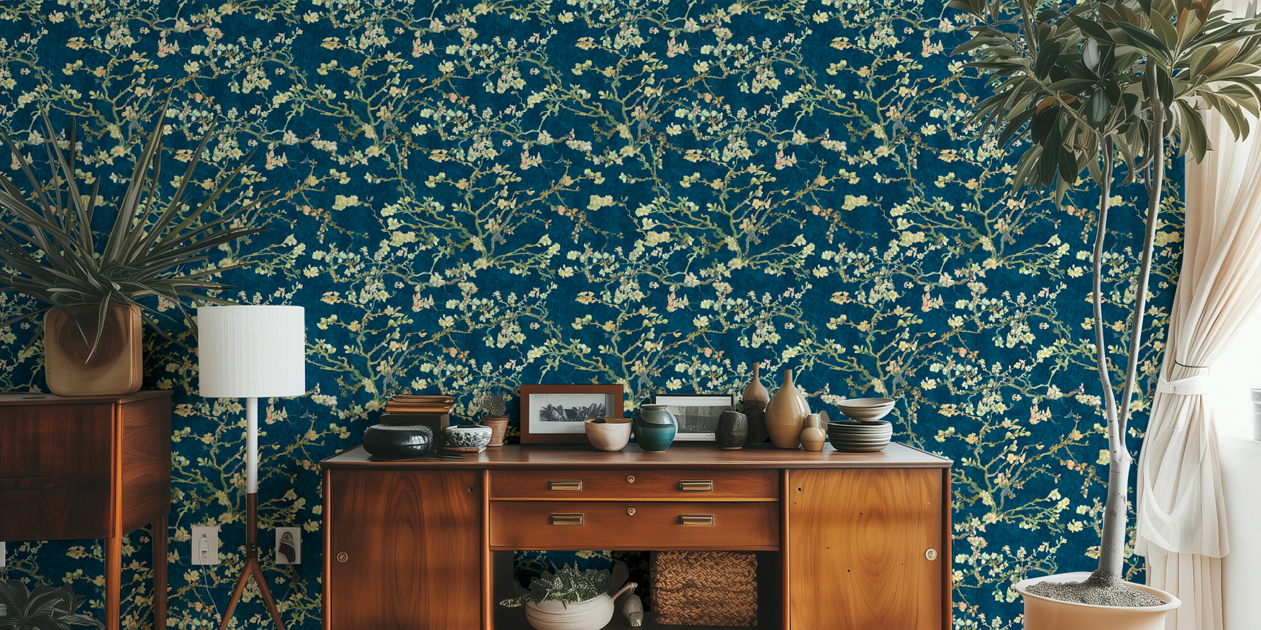 Blue floral branches with white blossoms on dark background wallpaper