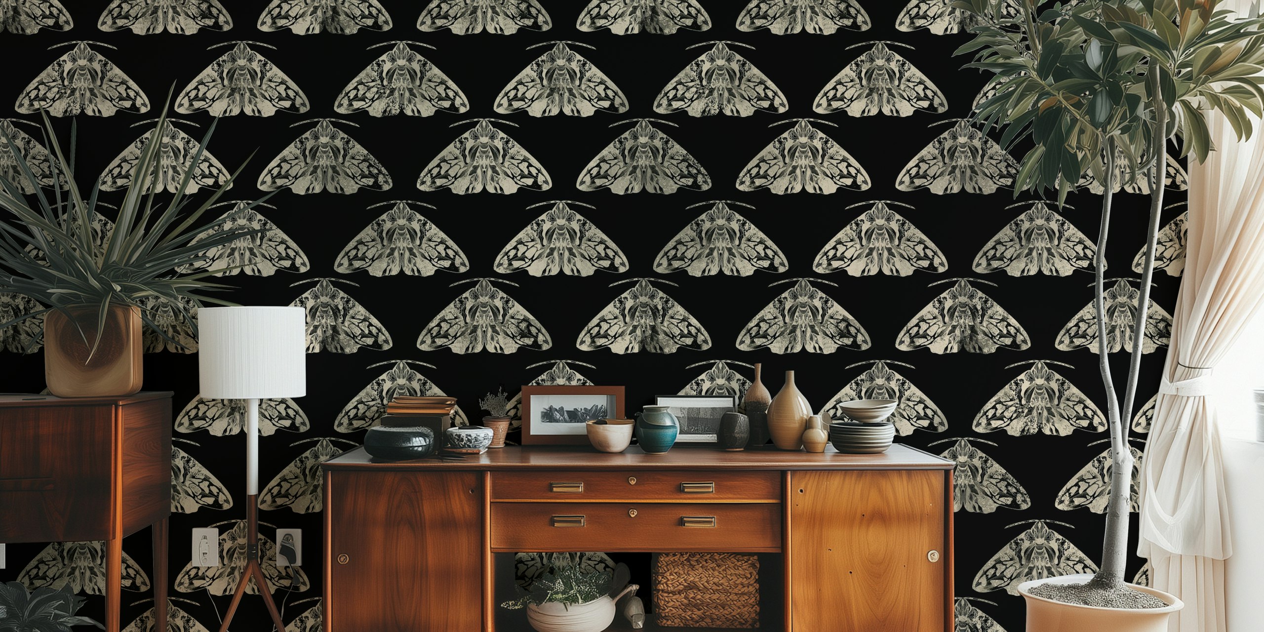 Papel de parede Gothic Moth Motif em um quarto
