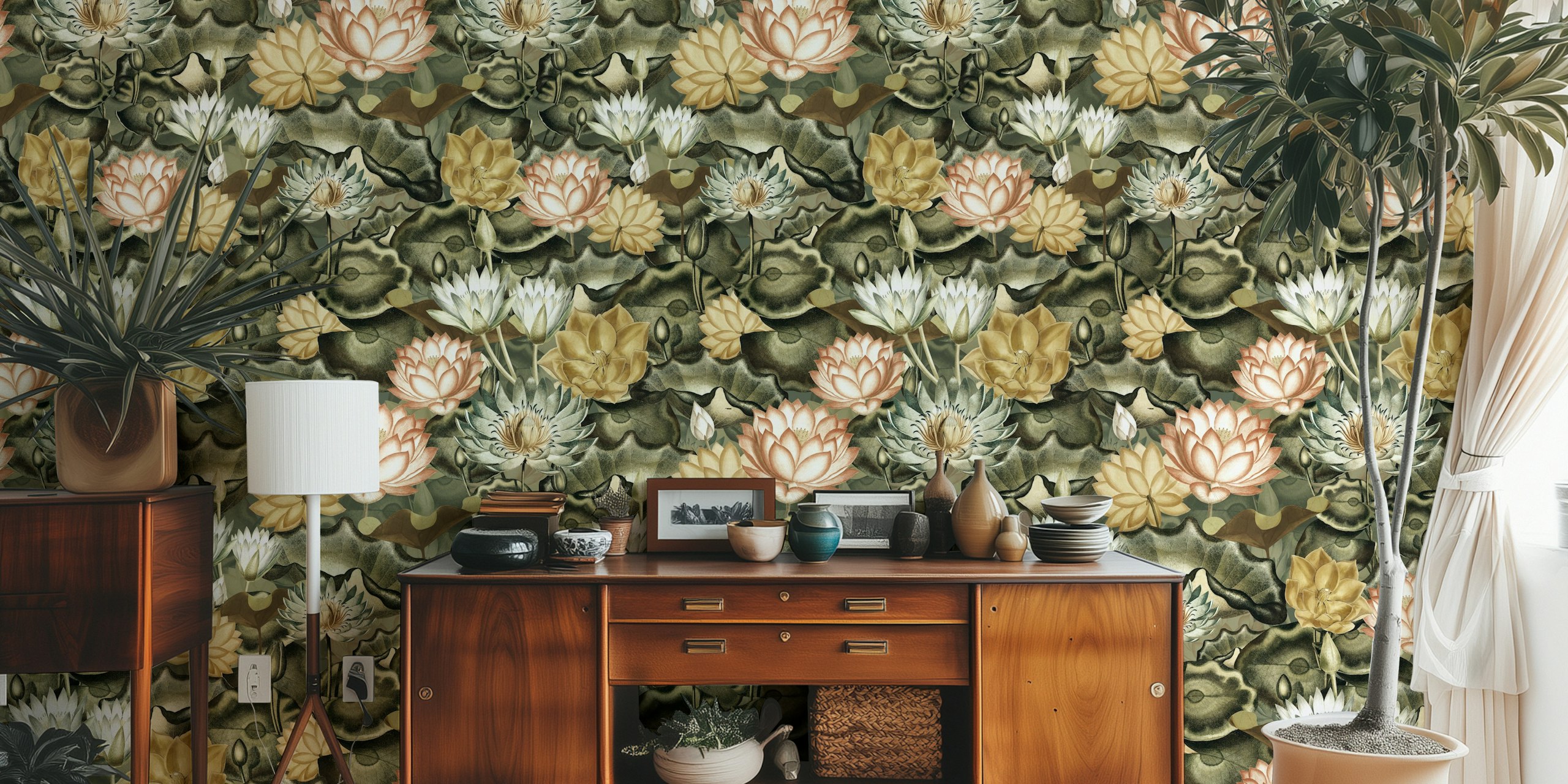 Lotus flowers in pink, cream, and gold on a dark green background wallpaper