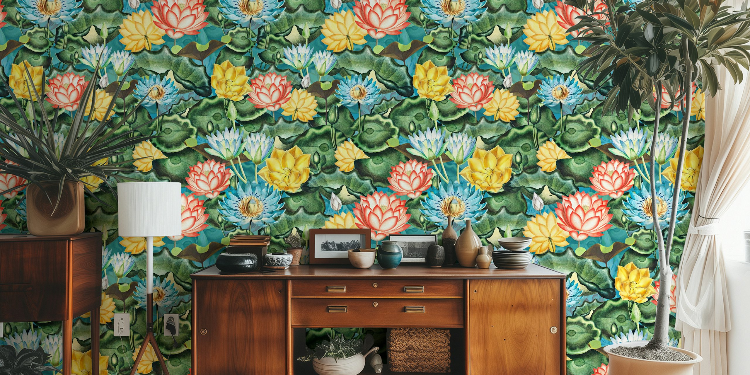 Vibrant lotus flowers wallpaper in a room