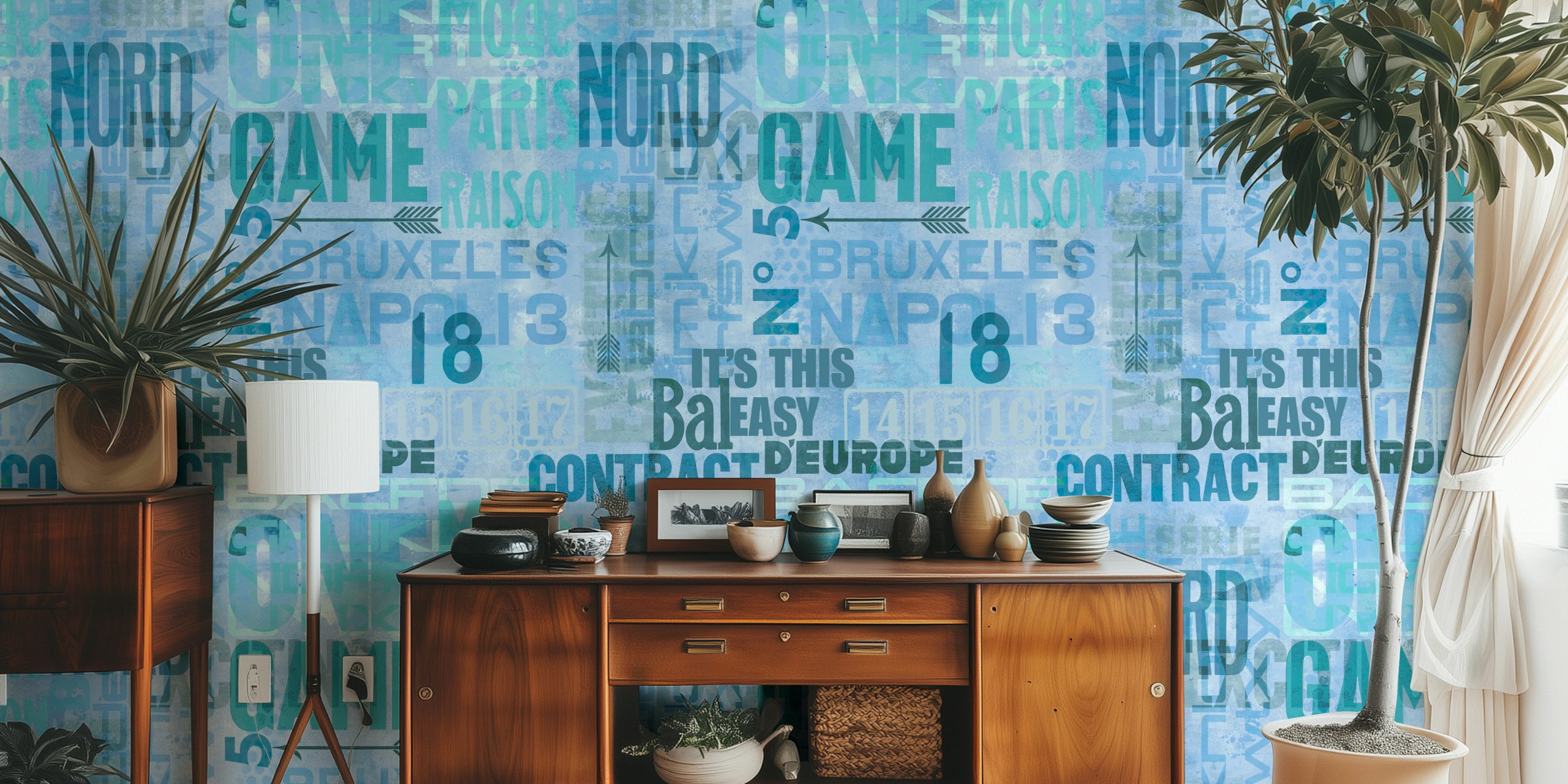 Modern urban typeface fusion wallpaper in a room