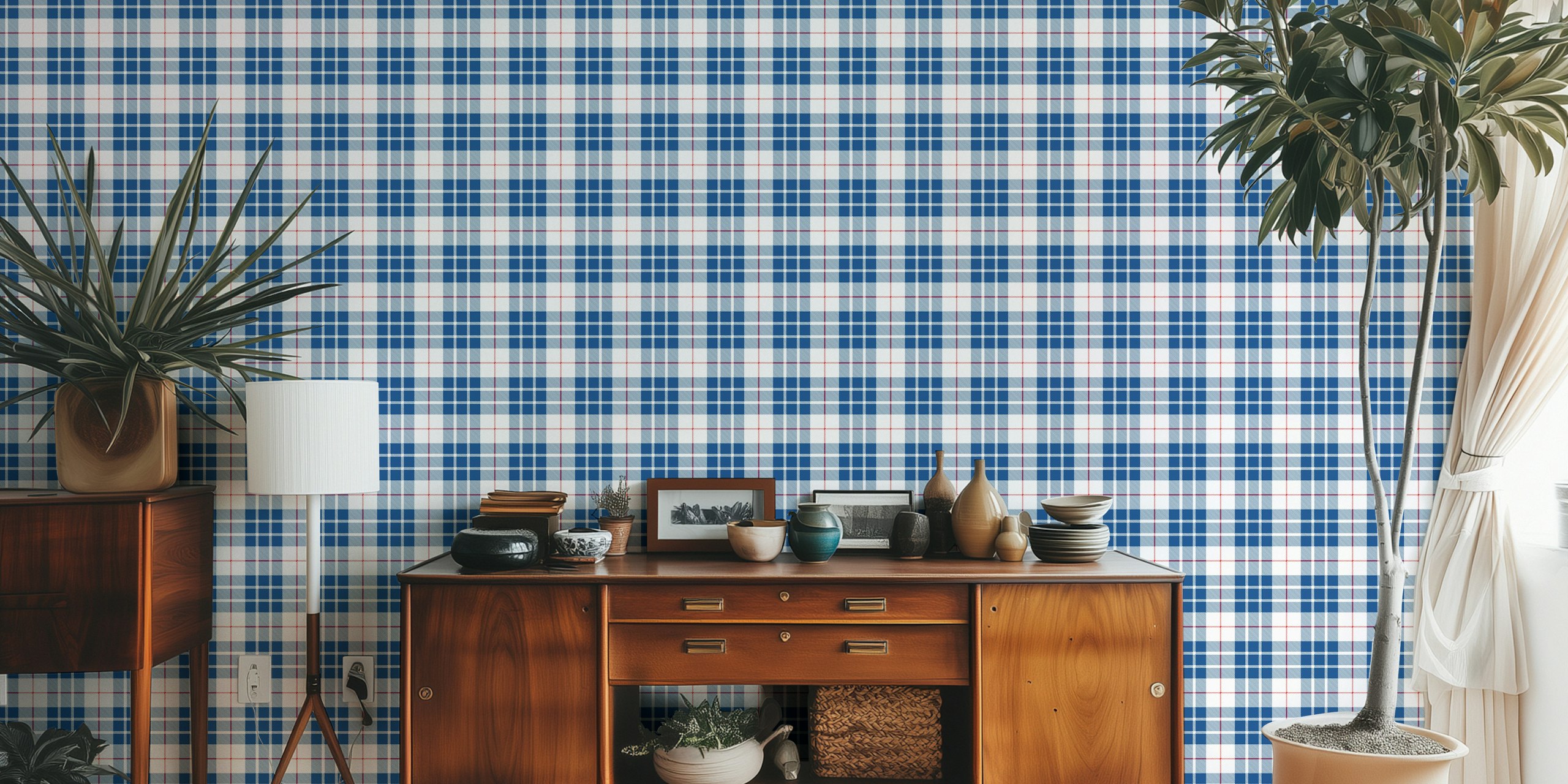 Papier peint tartan bleu et blanc dans une pièce