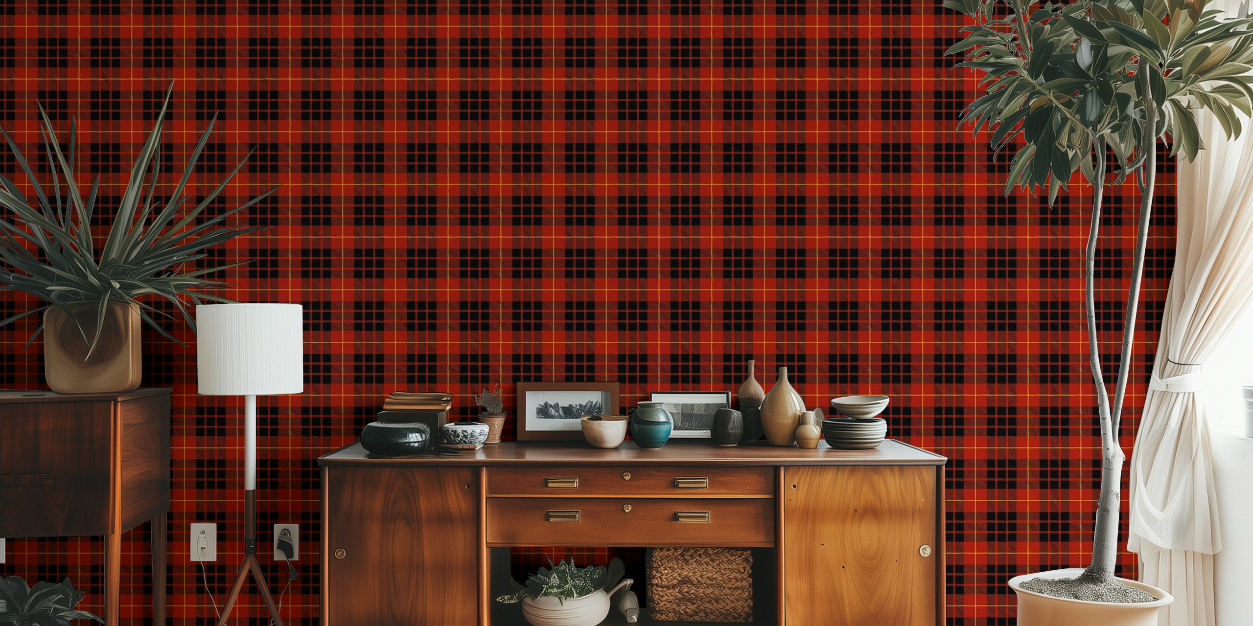 Red tartan pattern with black and yellow accents wallpaper