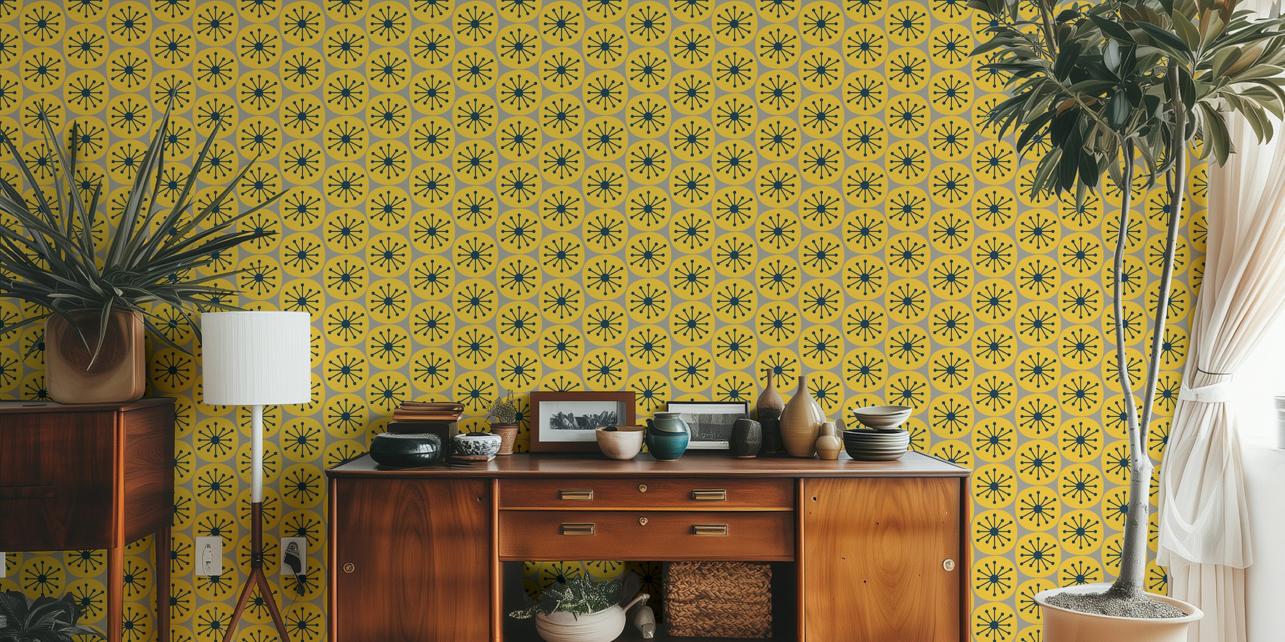 Mid Century Modern Atomic Dots mostarda cinza papel de parede
