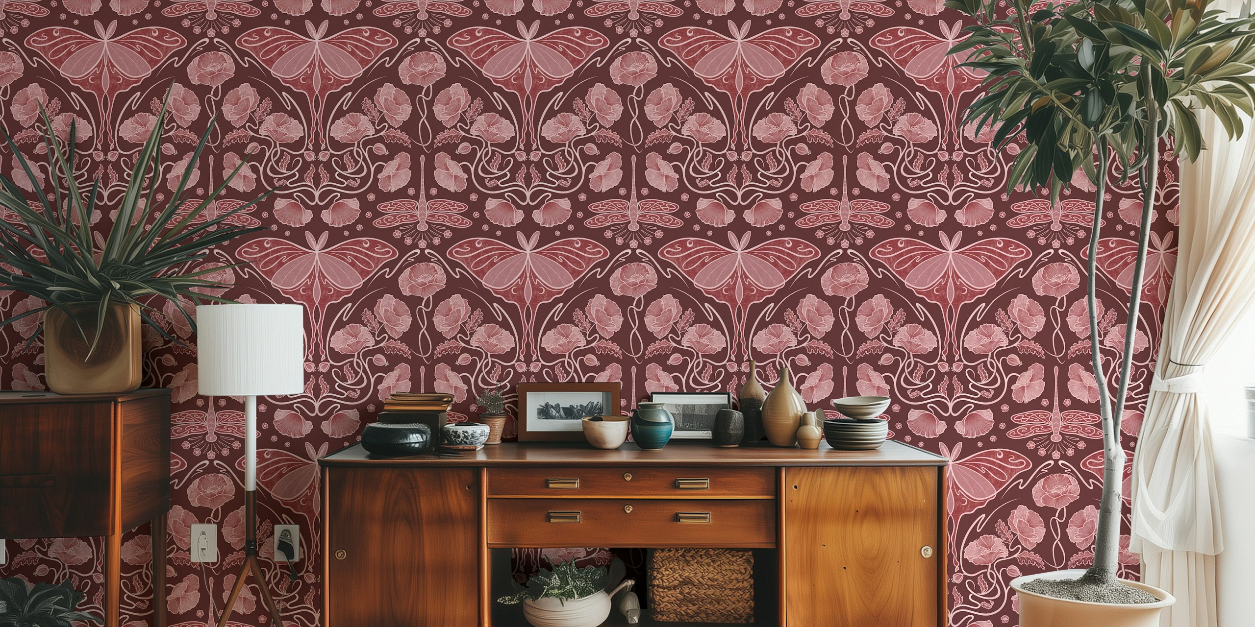 Art Nouveau Poppies and Luna moth wallpaper in burgundy