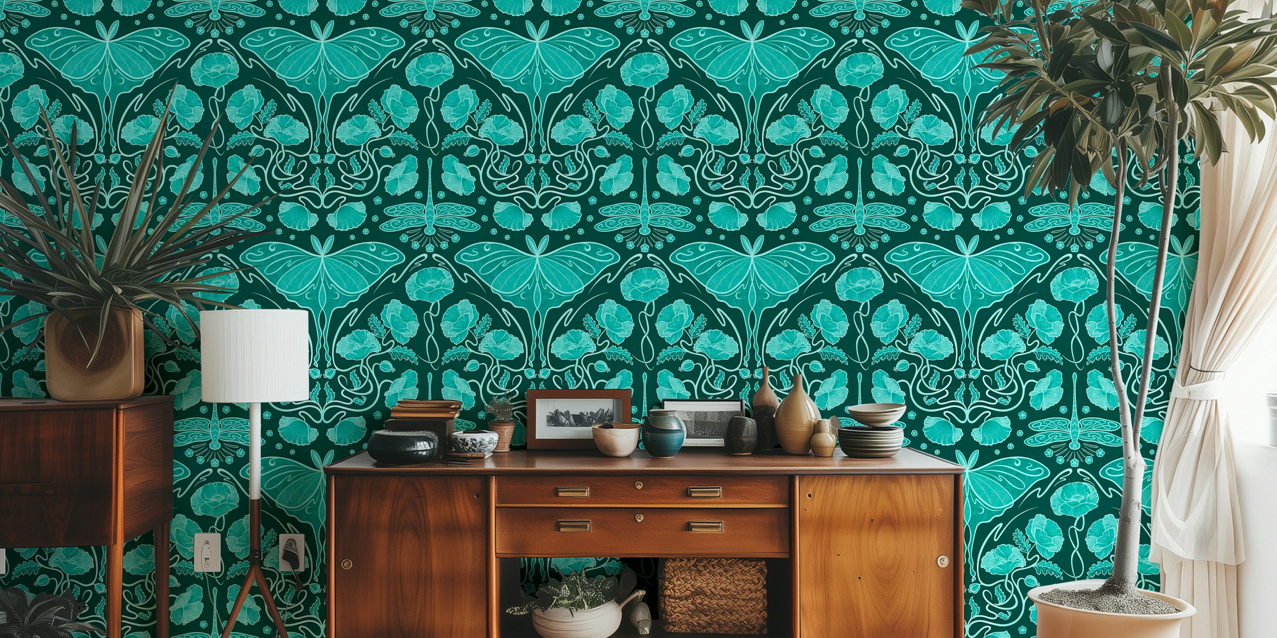 Art Nouveau Poppies und Luna moth - teal Tapete